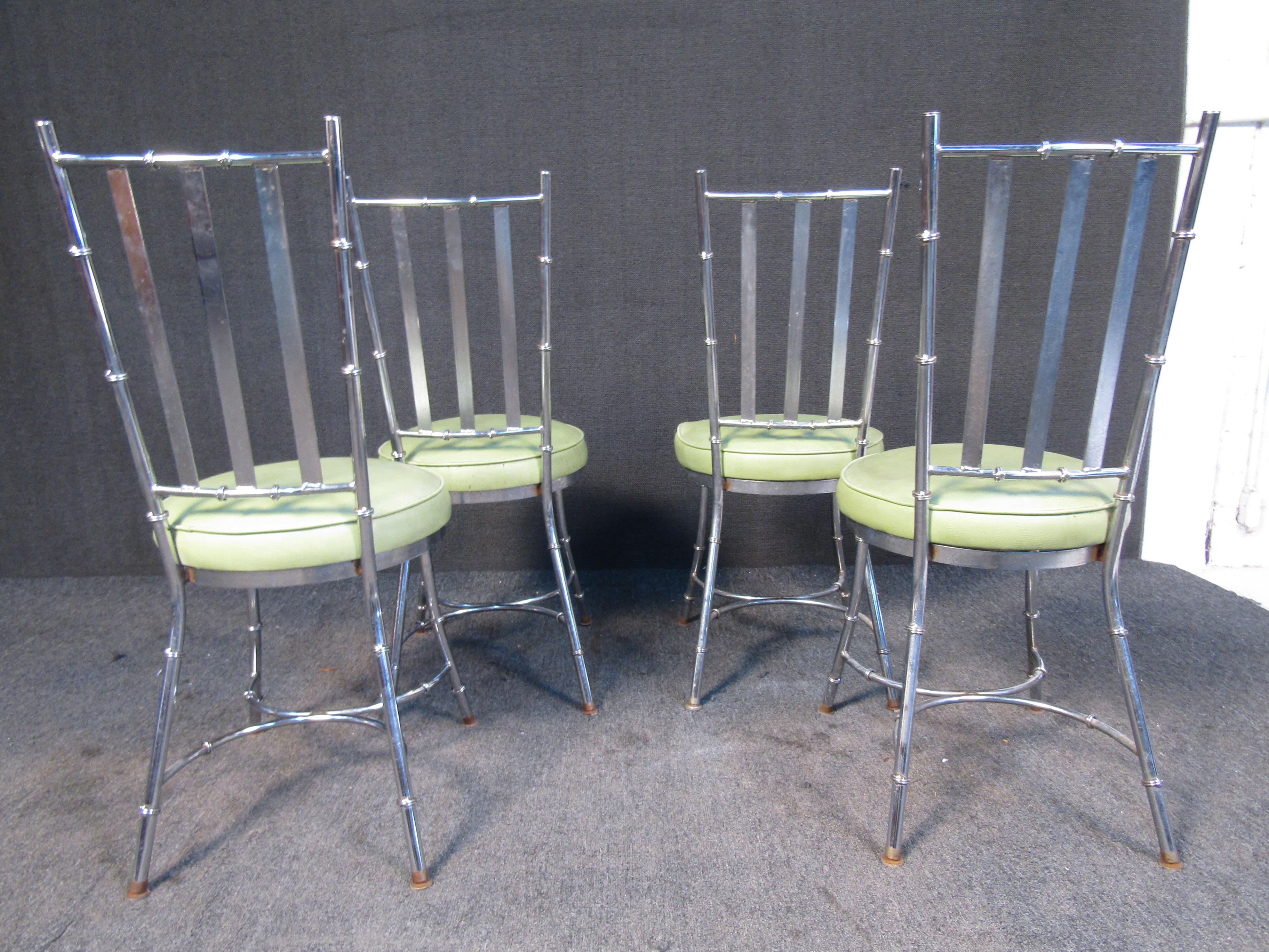 Upholstery Mid-Century Vintage Chrome Bamboo Dining Chairs For Sale
