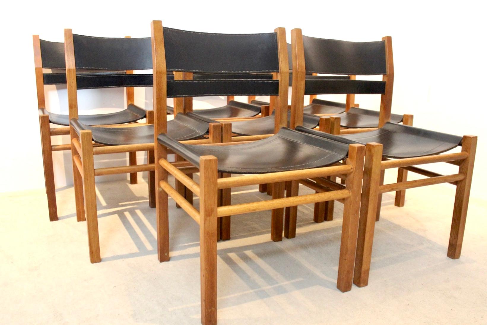 Unique Set of Eight Oak and Saddle Leather Scandinavian Chairs 5