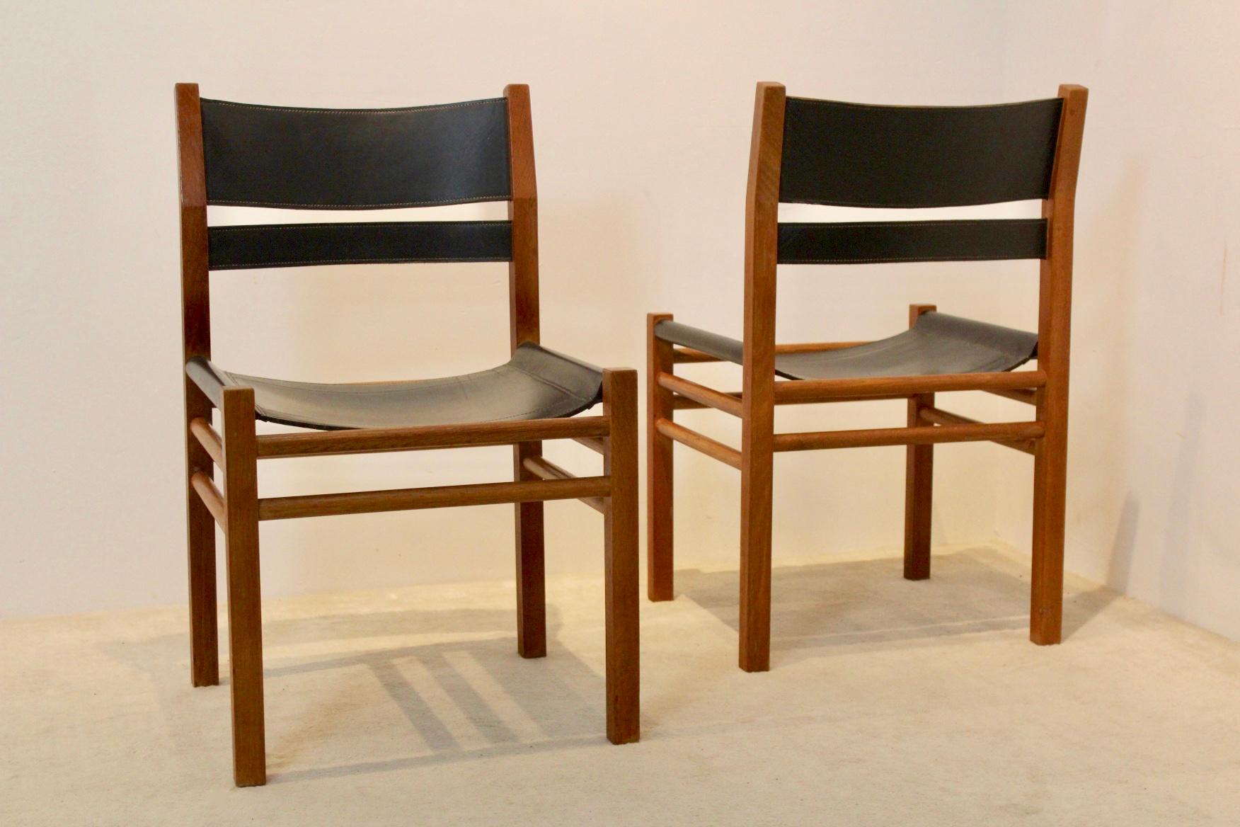 20th Century Unique Set of Eight Oak and Saddle Leather Scandinavian Chairs