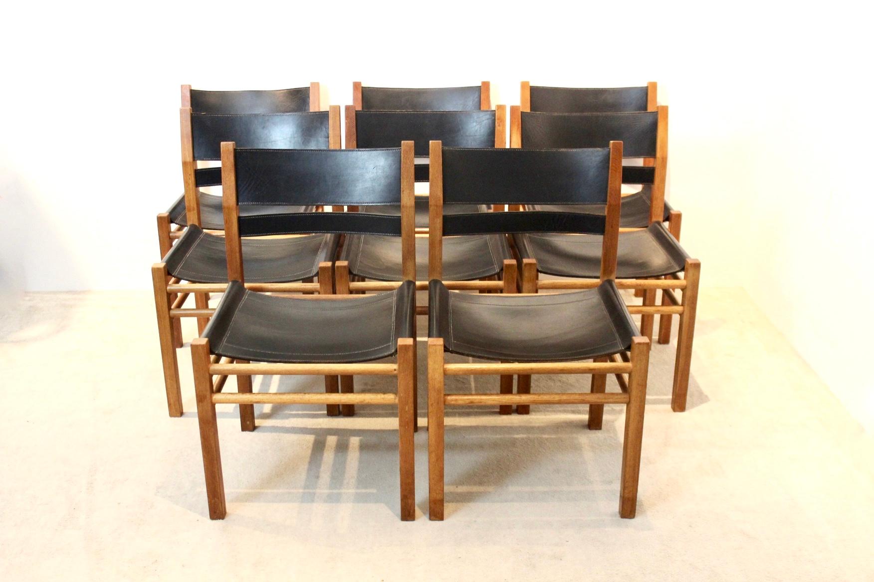 Unique Set of Eight Oak and Saddle Leather Scandinavian Chairs 1