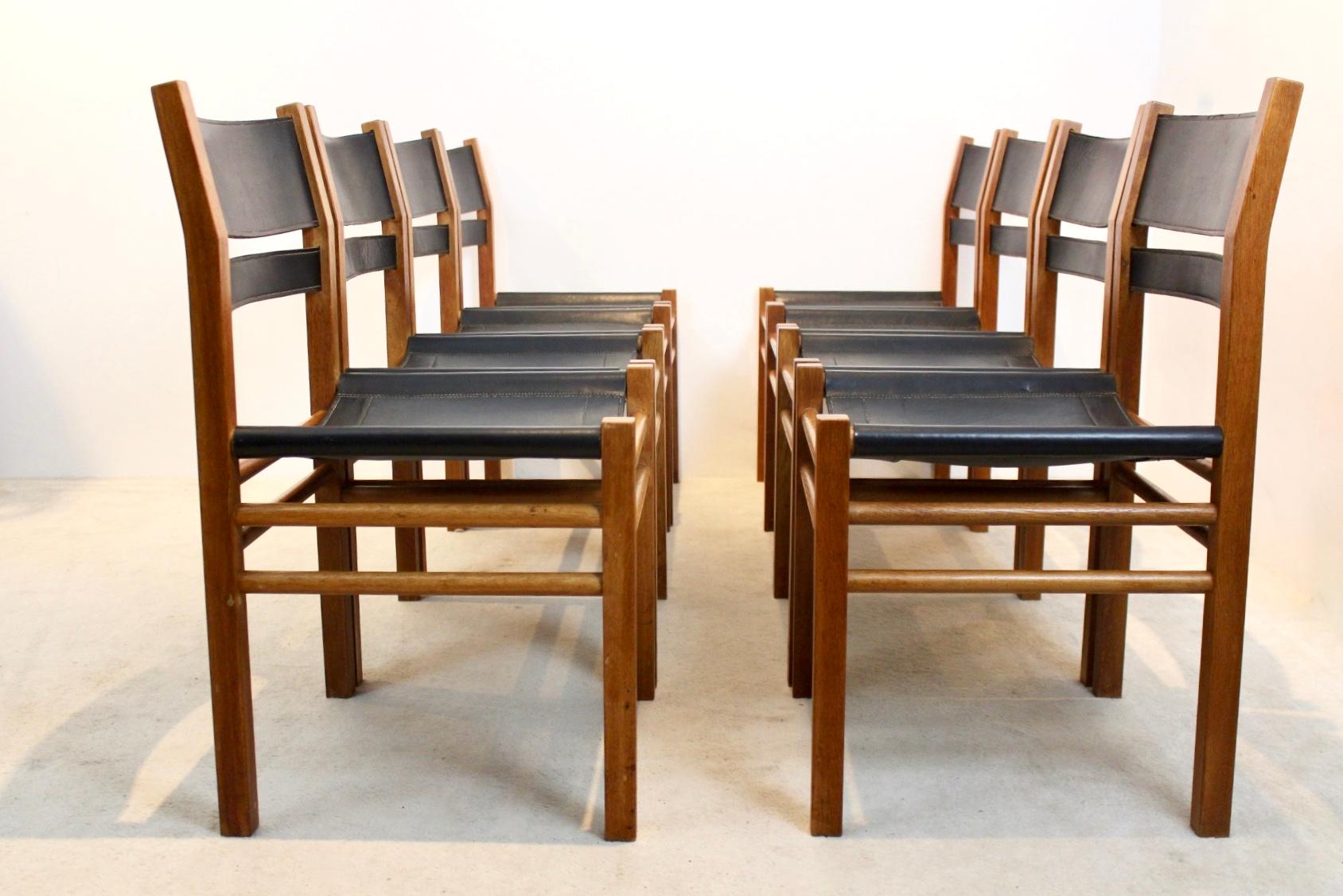 Unique Set of Eight Oak and Saddle Leather Scandinavian Chairs 2