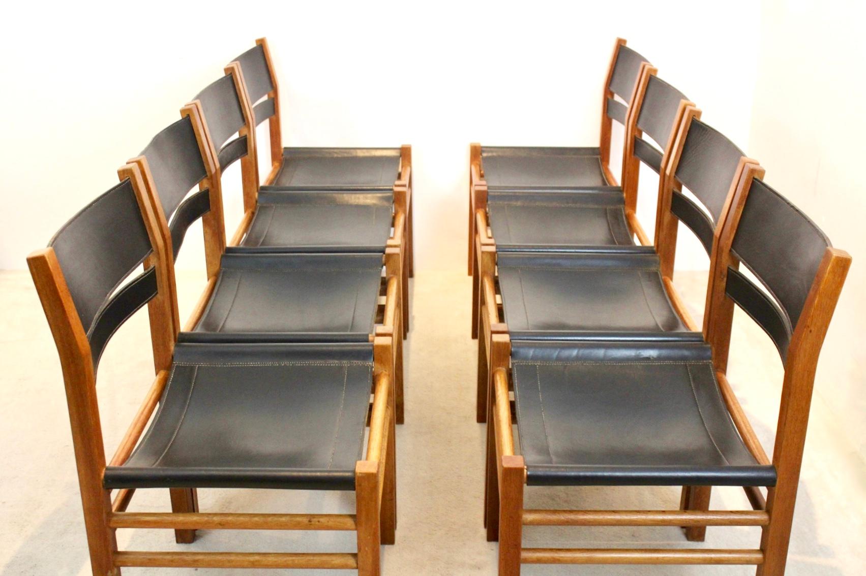 Unique Set of Eight Oak and Saddle Leather Scandinavian Chairs 3