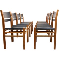 Unique Set of Eight Oak and Saddle Leather Scandinavian Chairs