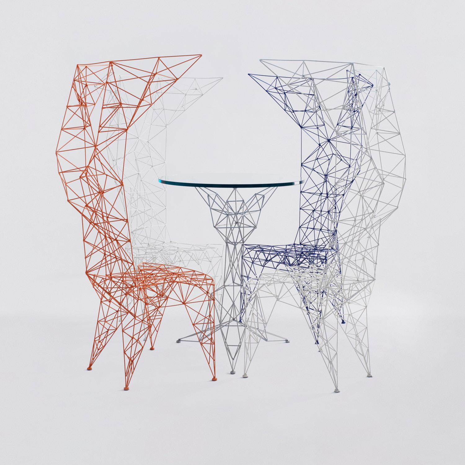 A truly rare and unique set of four colored Pylon chairs (table available as well) designed in 1992 by Tom Dixon for Cappellini. Intended to be the lightest chair ever, this iconic work of art is made from single iron sticks welded together one by