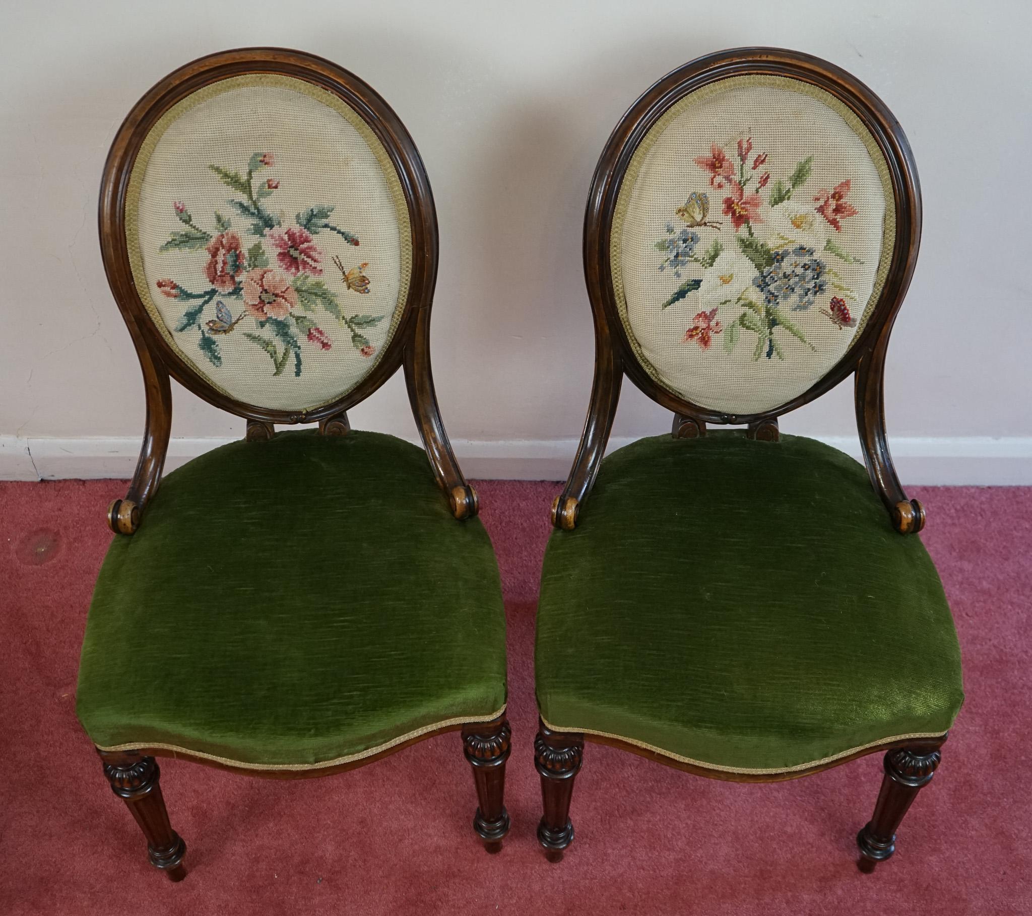 Embroidered Unique Set of Four Walnut Framed Dining Chairs by Gillows of Lancaster For Sale