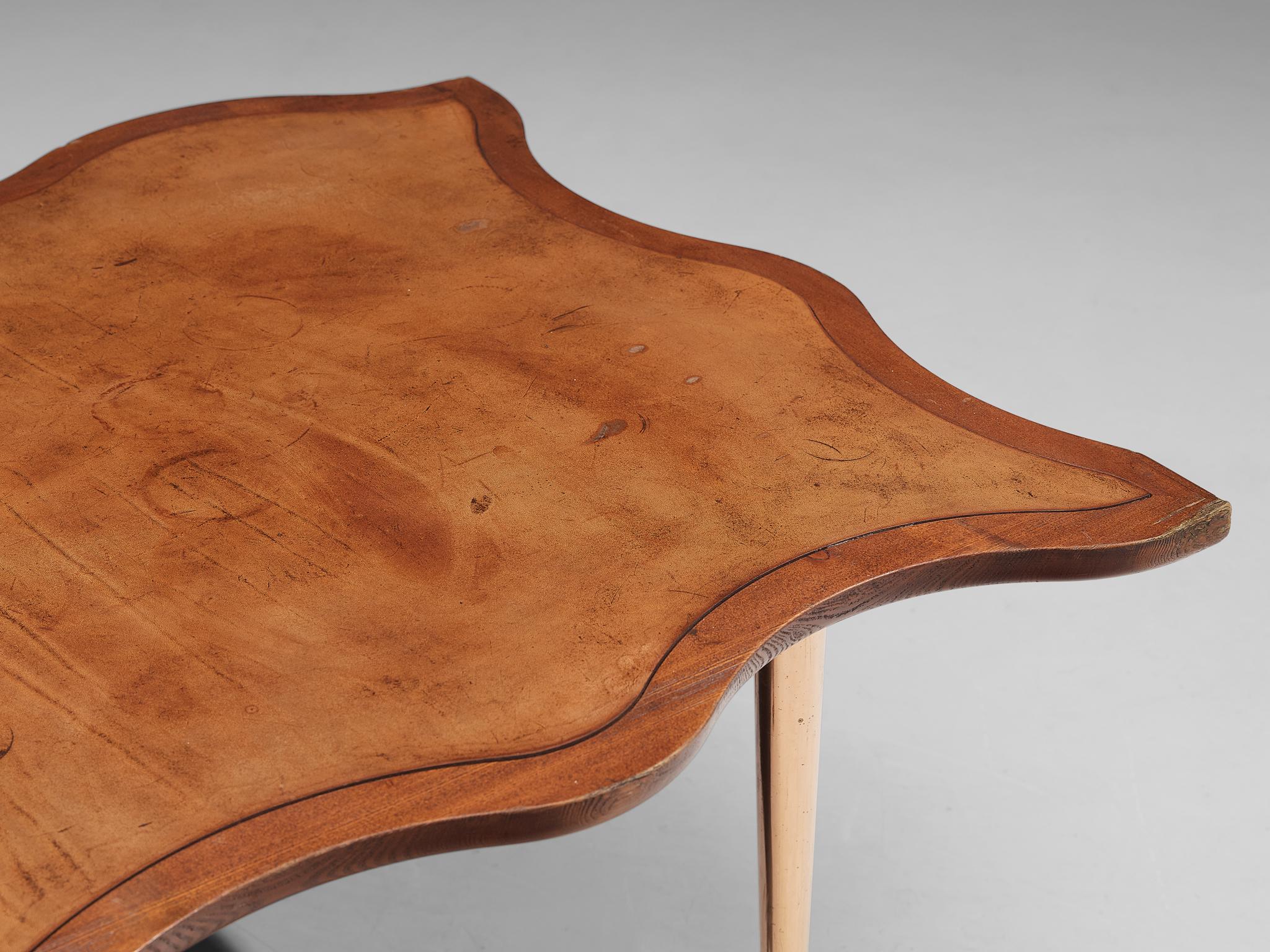 Unique Set of French Side Tables in Stained Pine and Patined Leather 5