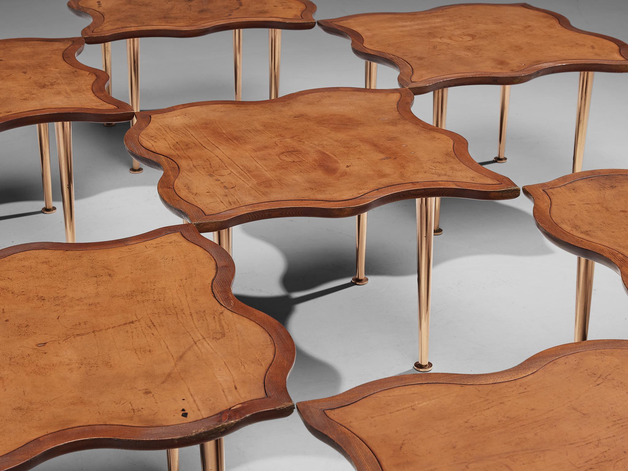 Mid-Century Modern Unique Set of French Side Tables in Stained Pine and Patined Leather