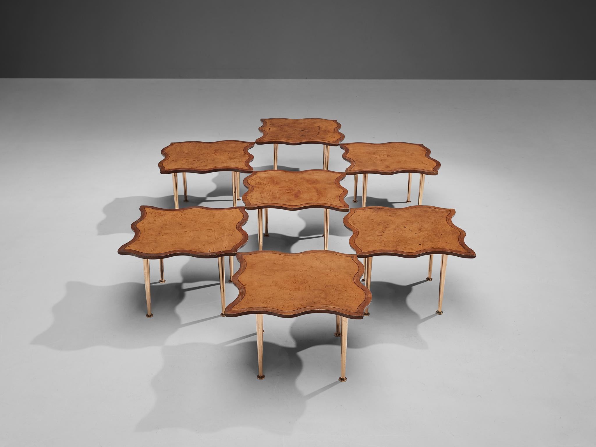 Unique Set of French Side Tables in Stained Pine and Patined Leather In Good Condition In Waalwijk, NL
