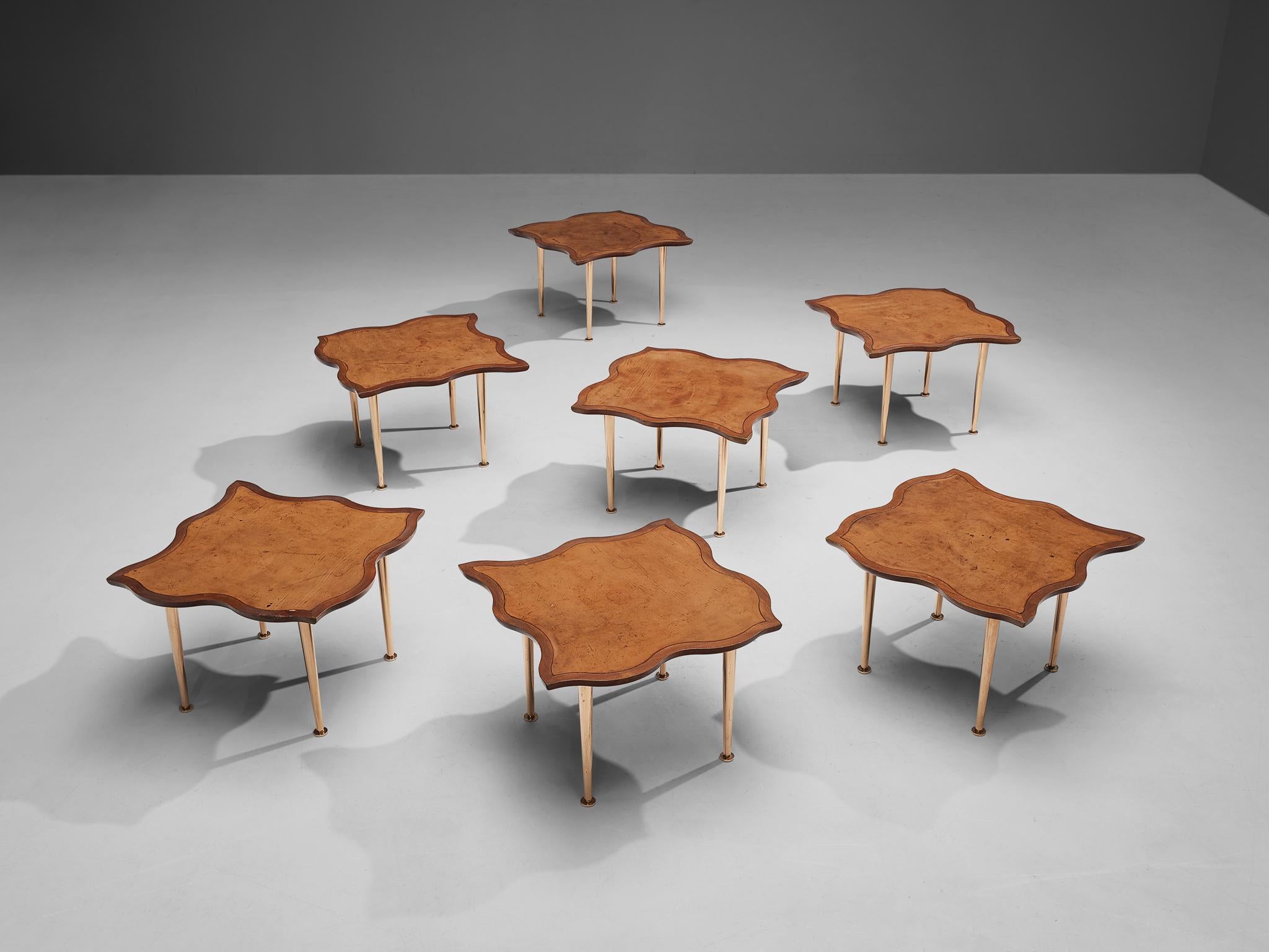 Mid-20th Century Unique Set of French Side Tables in Stained Pine and Patined Leather