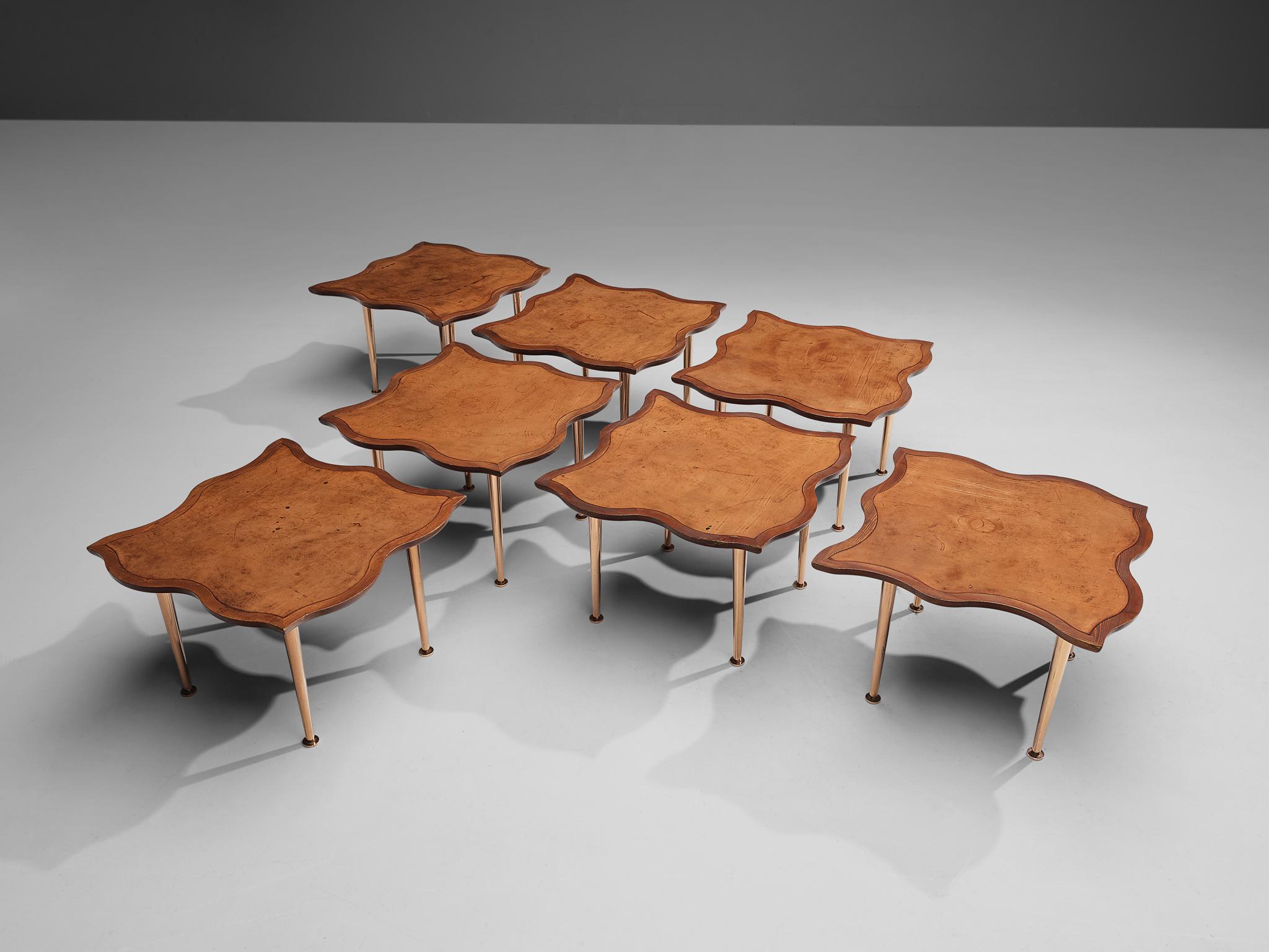 Unique Set of French Side Tables in Stained Pine and Patined Leather 1