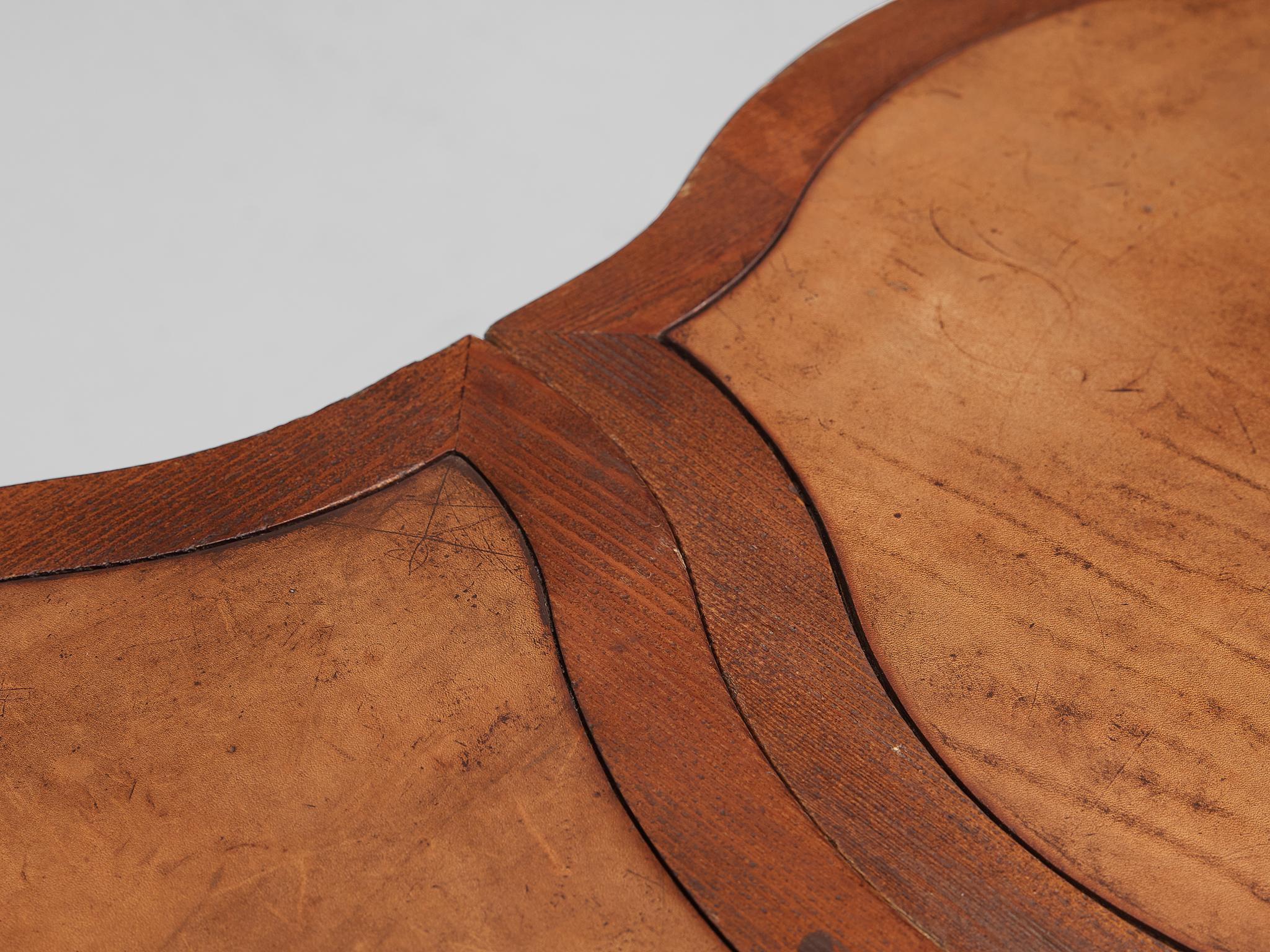 Unique Set of French Side Tables in Stained Pine and Patined Leather 2