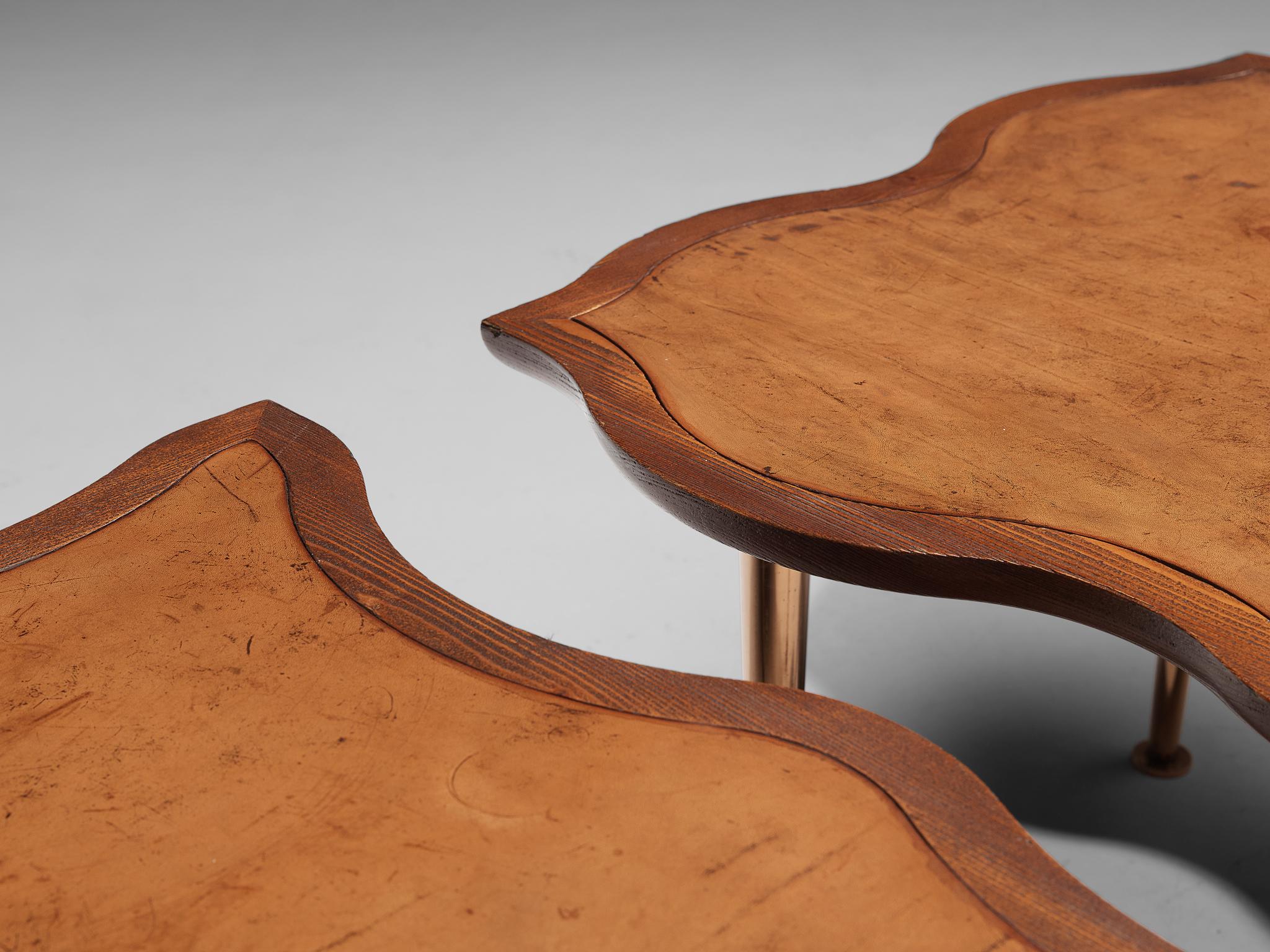Unique Set of French Side Tables in Stained Pine and Patined Leather 3