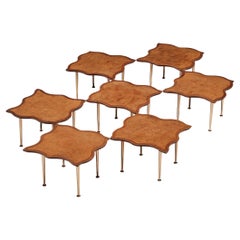 Unique Set of French Side Tables in Stained Pine and Patined Leather