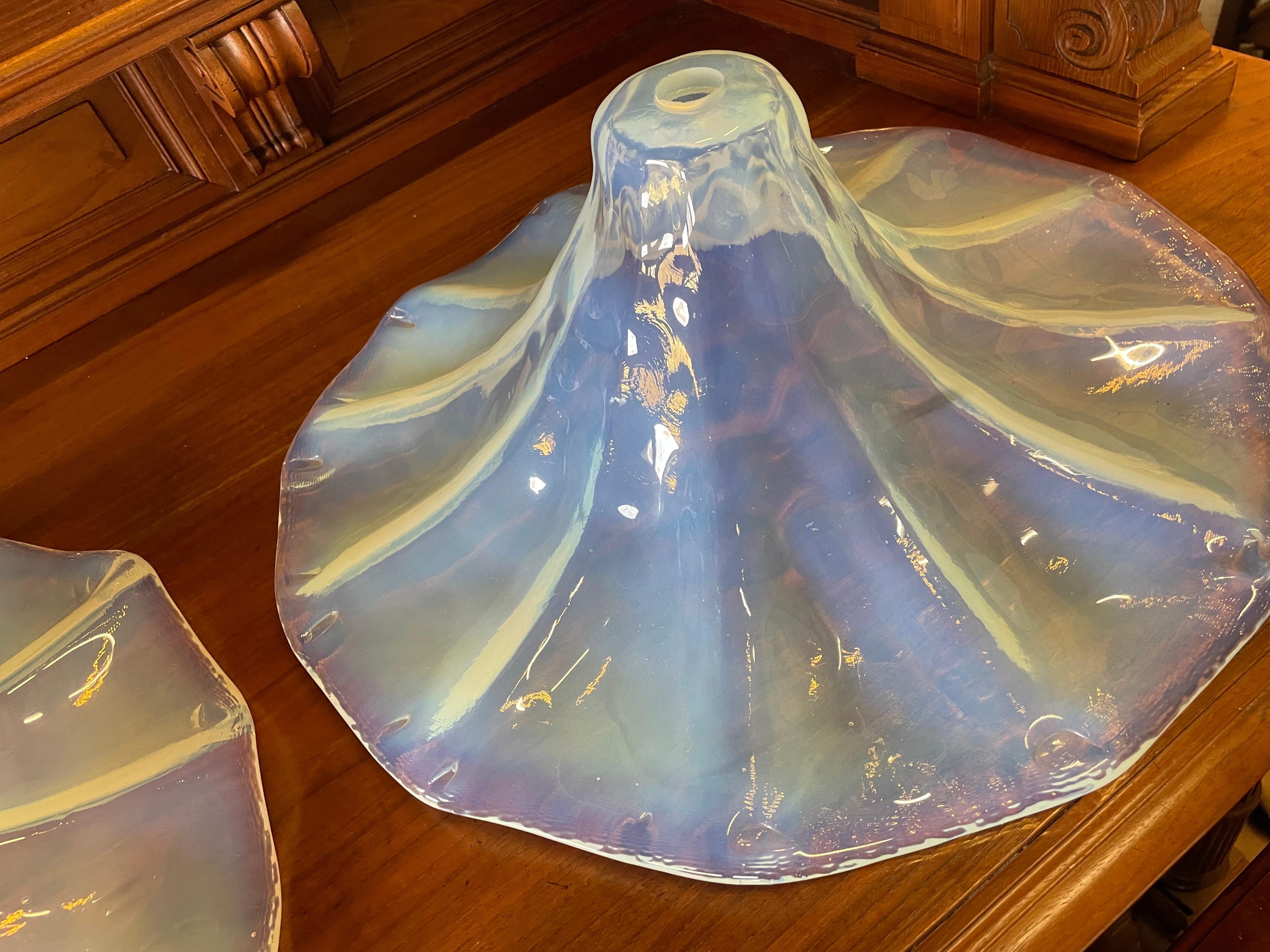 Unique Set of Lalique Like Midcentury Iridescent Blue Glass Pendant Light Shades For Sale 2