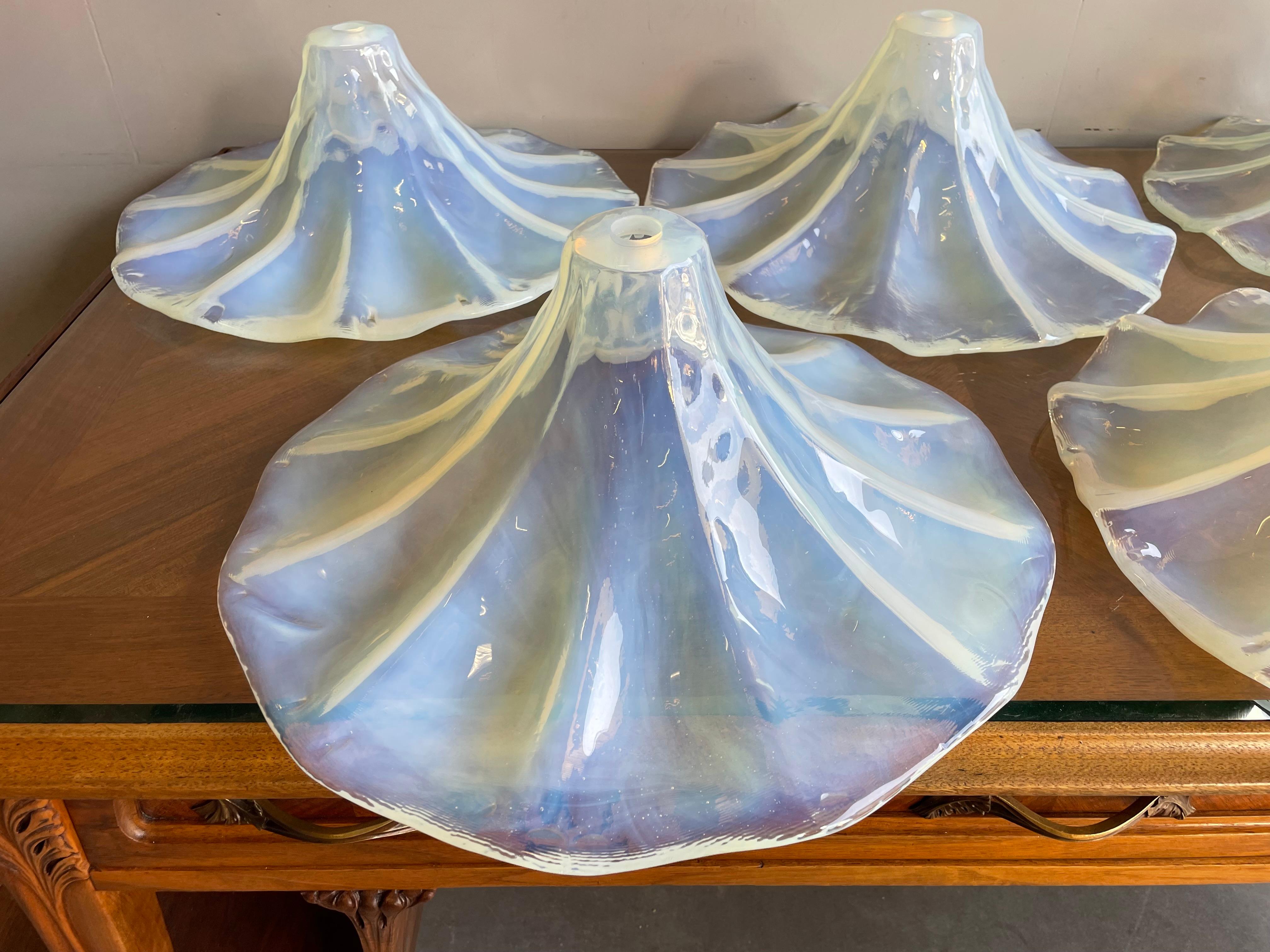 Unique Set of Lalique Like Midcentury Iridescent Blue Glass Pendant Light Shades For Sale 6