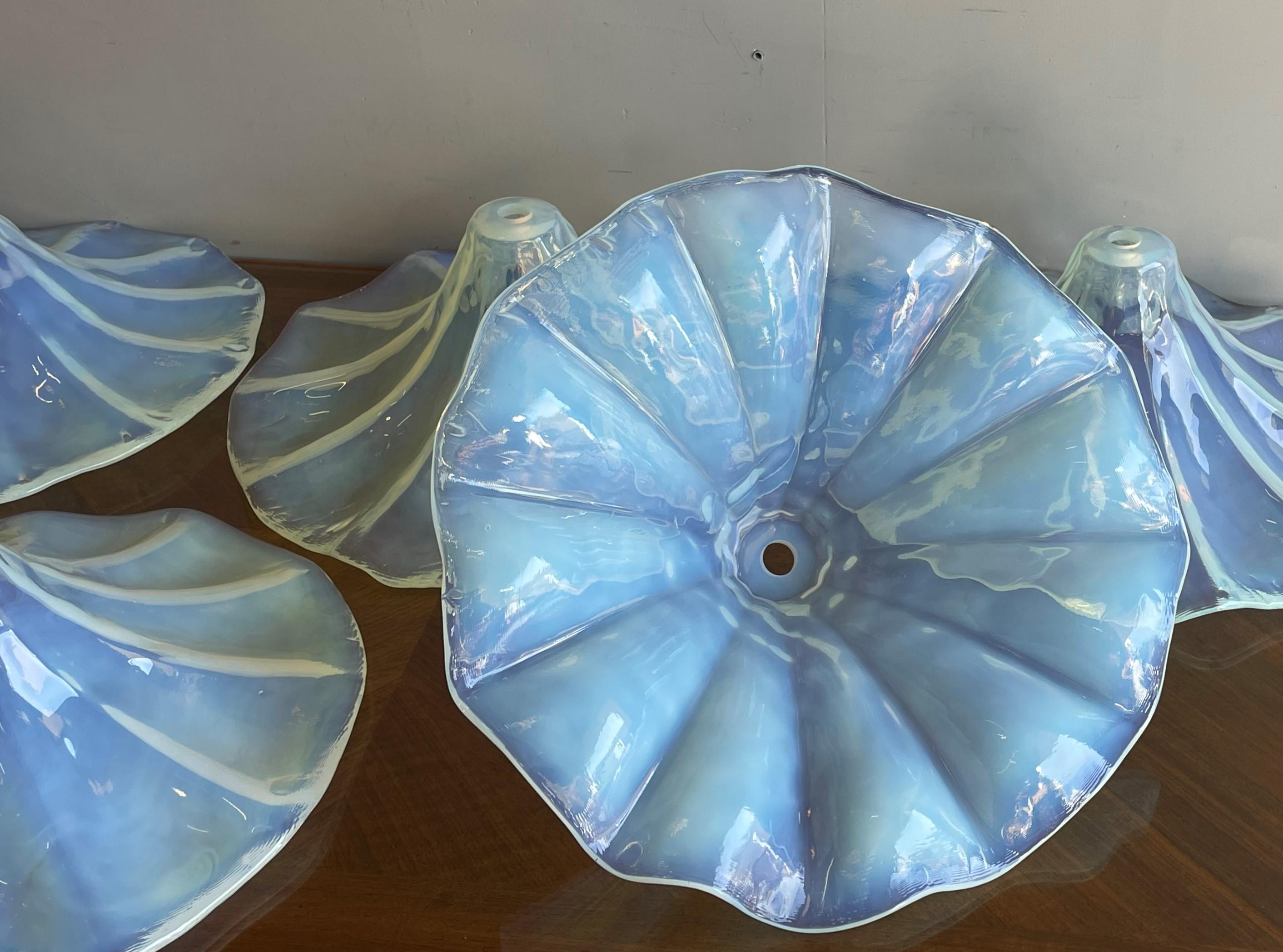 Unique Set of Lalique Like Midcentury Iridescent Blue Glass Pendant Light Shades For Sale 7