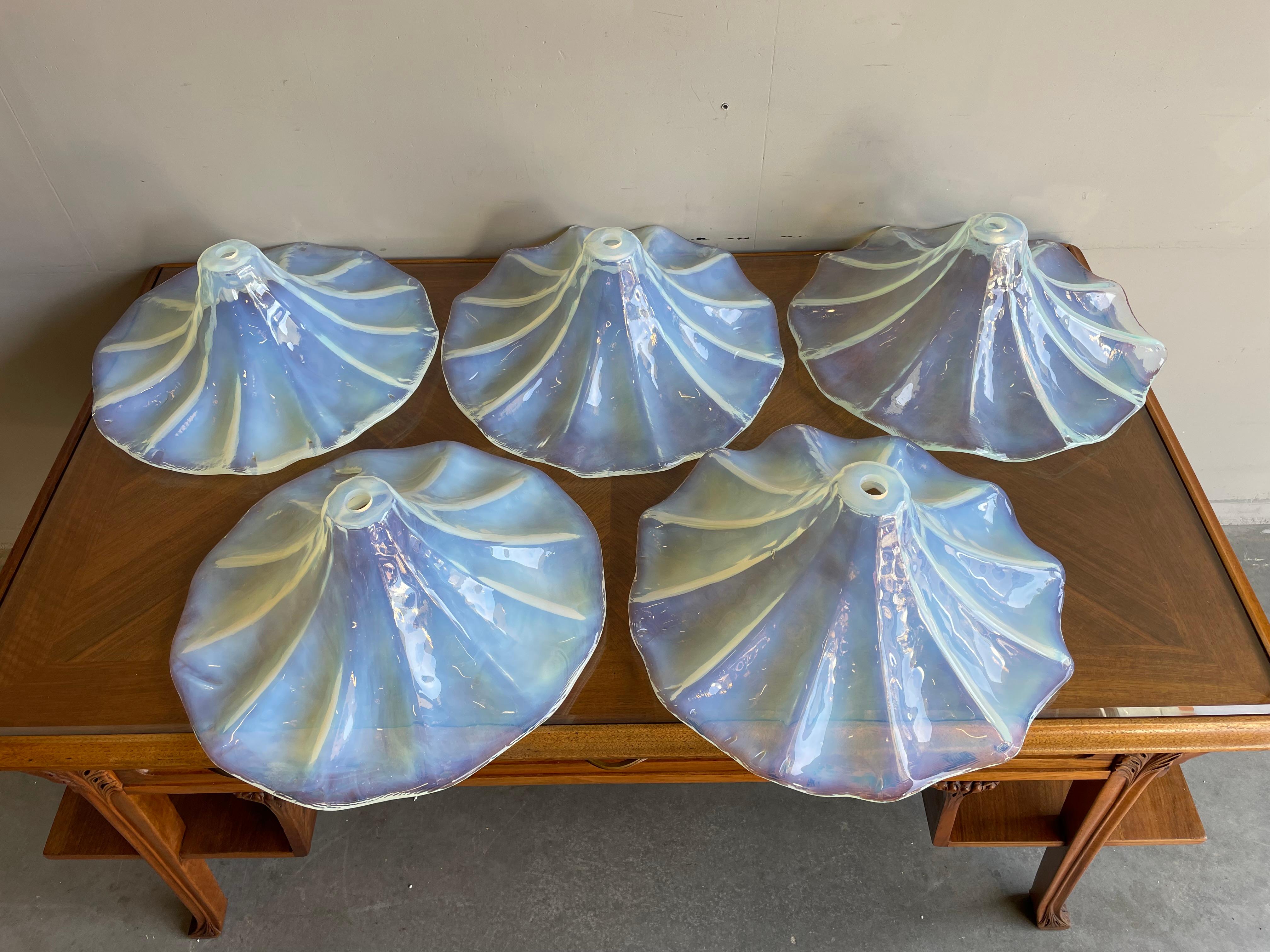 Unique Set of Lalique Like Midcentury Iridescent Blue Glass Pendant Light Shades For Sale 8
