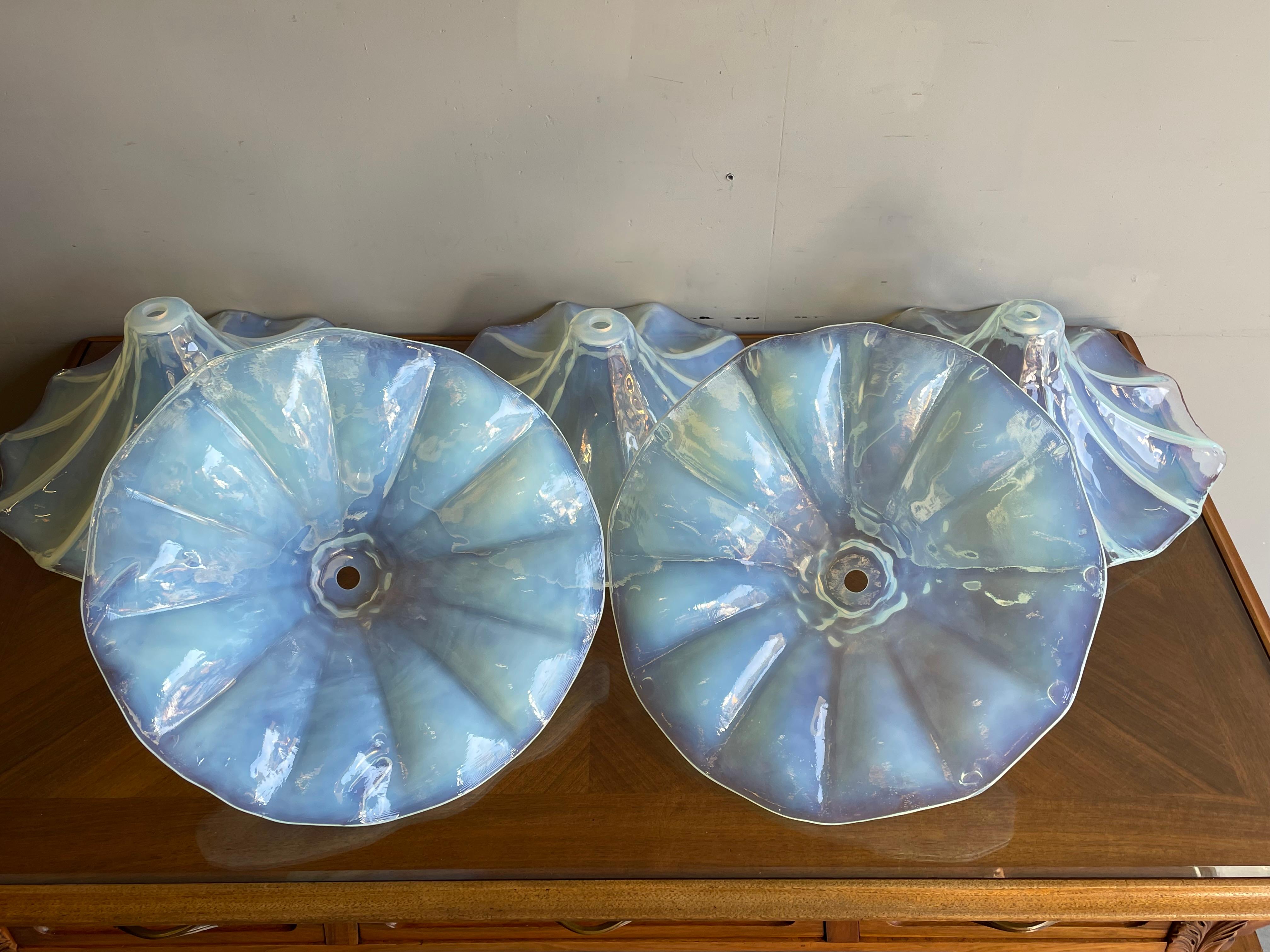 Mid-Century Modern Unique Set of Lalique Like Midcentury Iridescent Blue Glass Pendant Light Shades For Sale