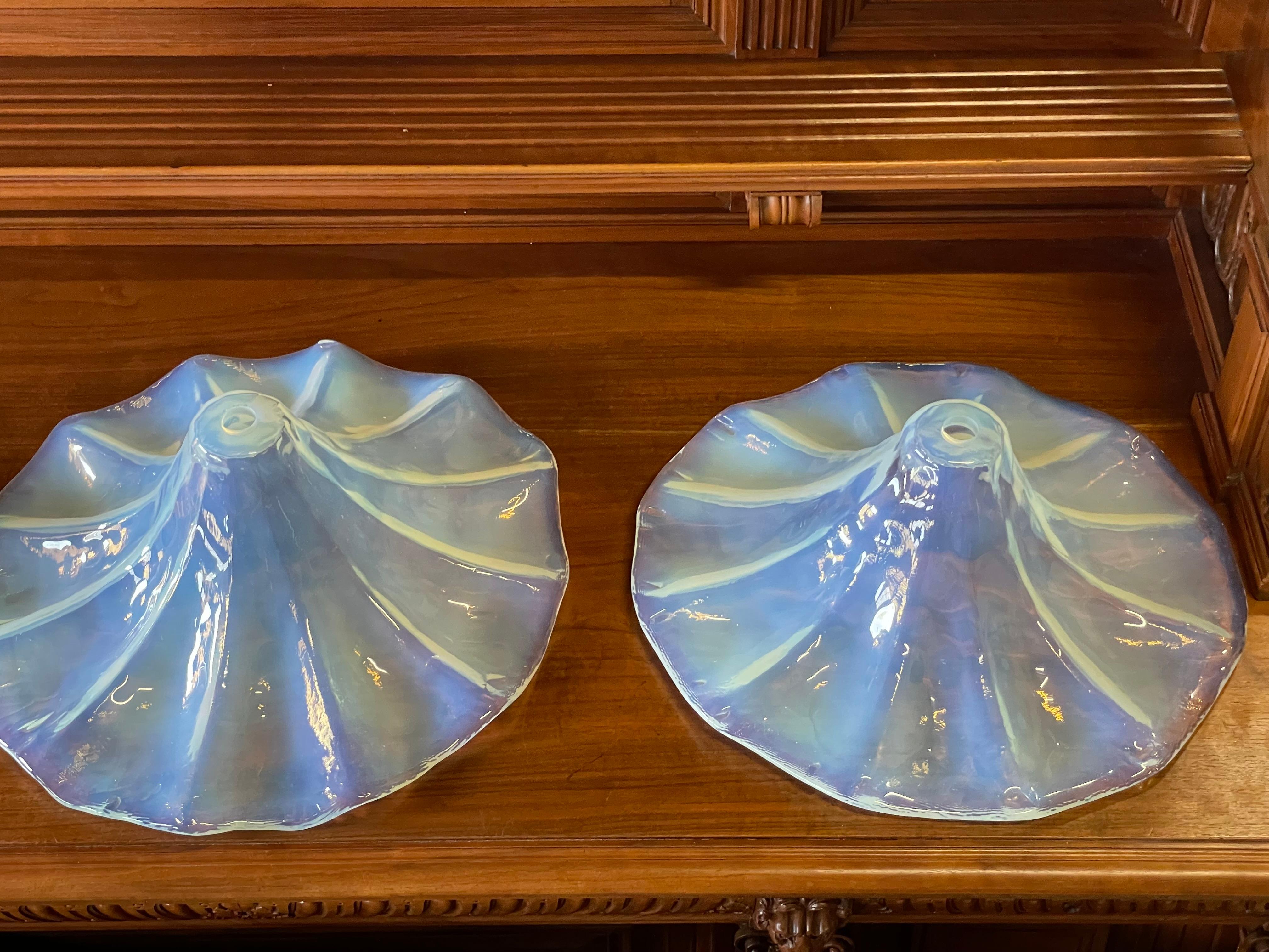 European Unique Set of Lalique Like Midcentury Iridescent Blue Glass Pendant Light Shades For Sale