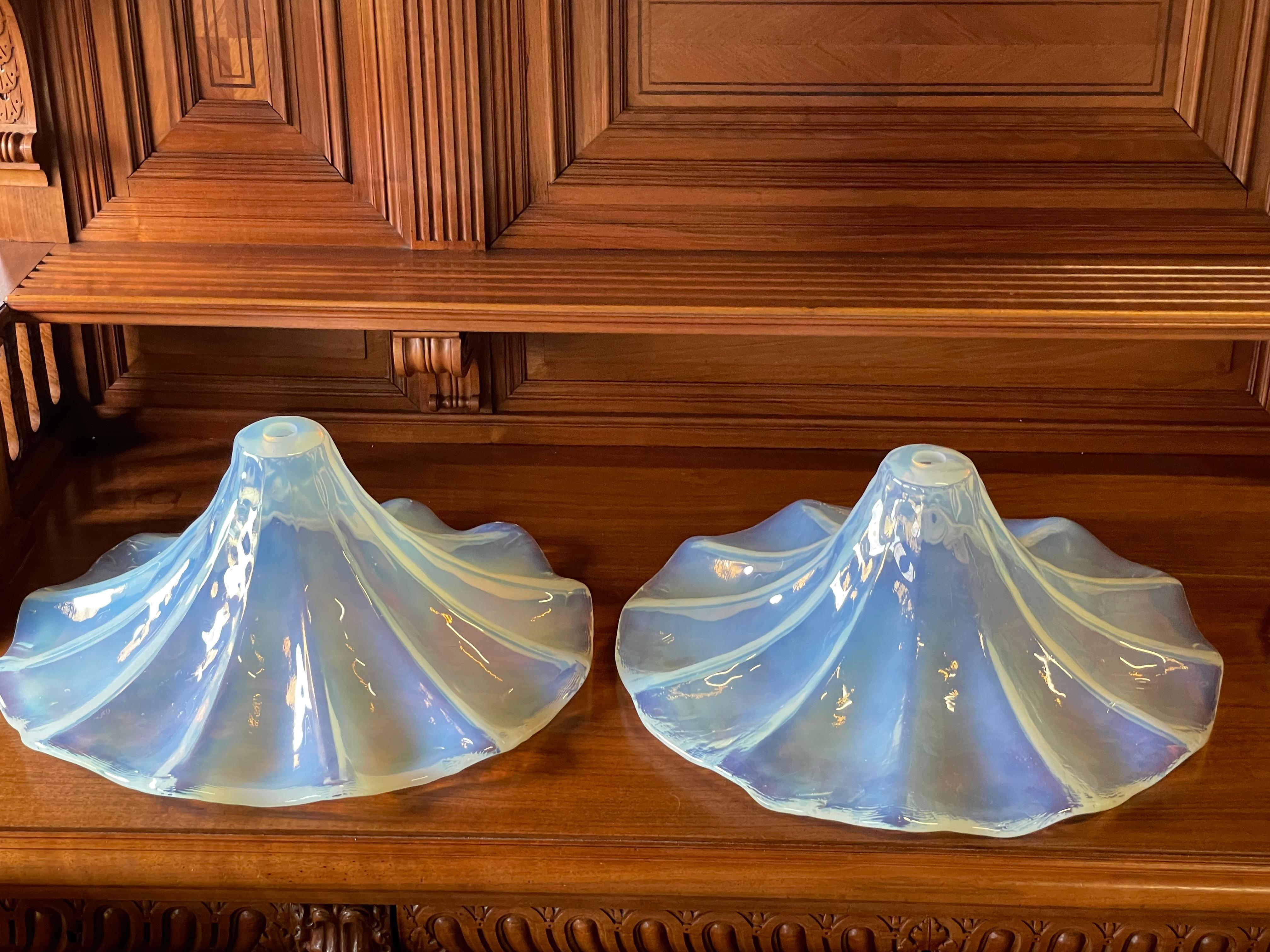 Hand-Crafted Unique Set of Lalique Like Midcentury Iridescent Blue Glass Pendant Light Shades For Sale