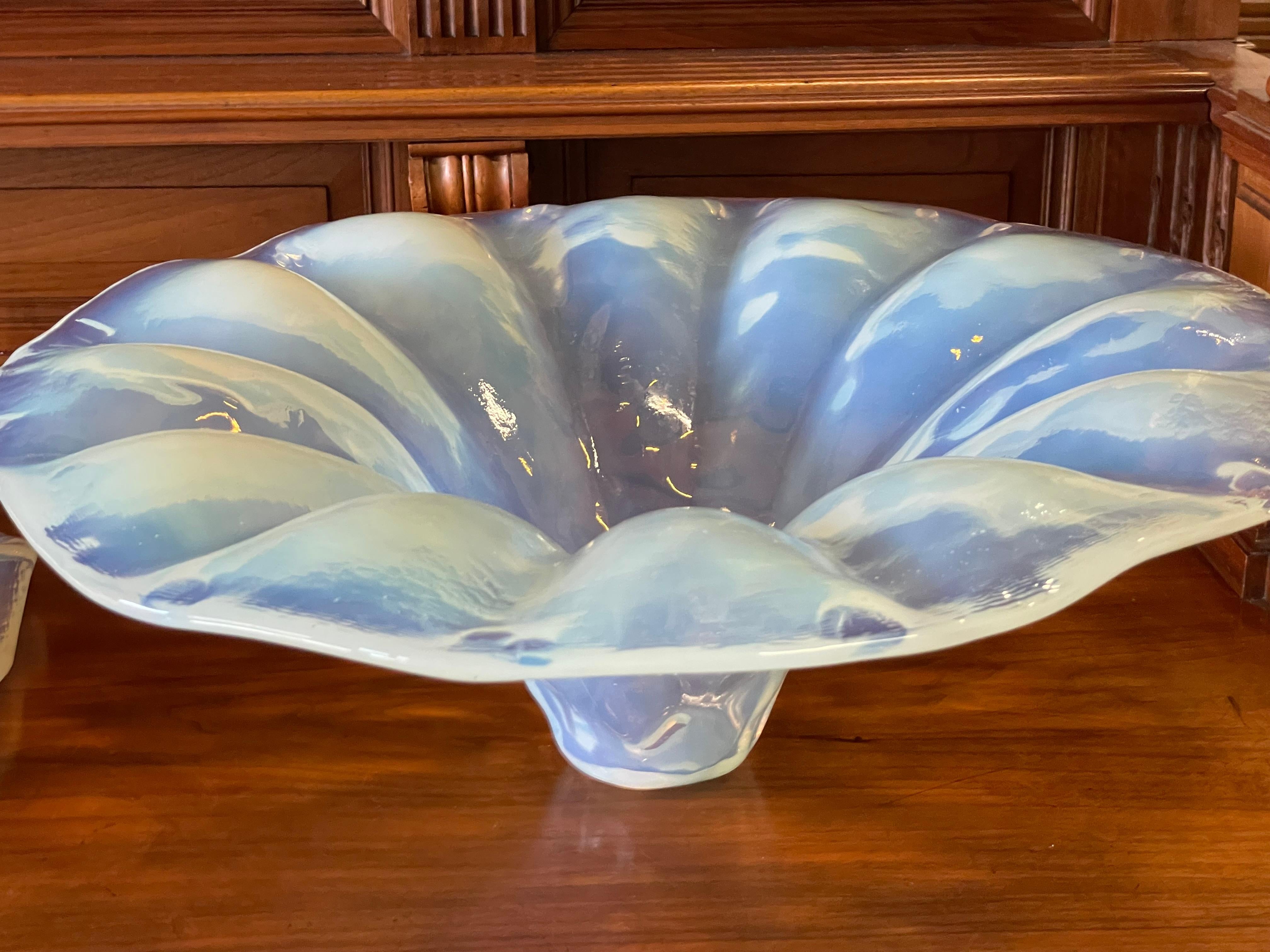 Blown Glass Unique Set of Lalique Like Midcentury Iridescent Blue Glass Pendant Light Shades For Sale