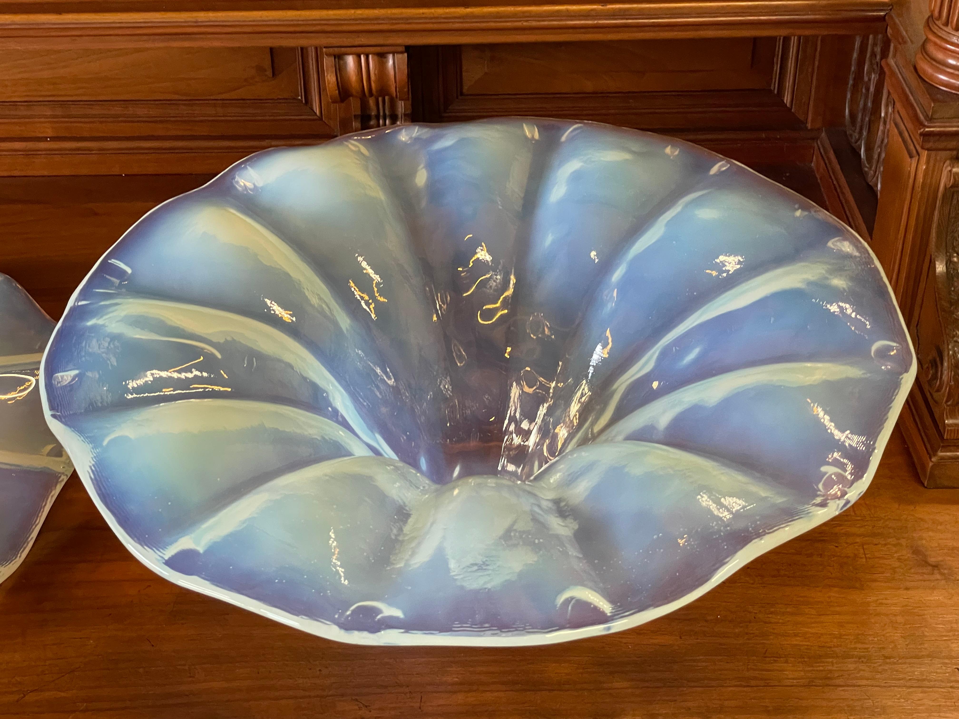 Unique Set of Lalique Like Midcentury Iridescent Blue Glass Pendant Light Shades For Sale 1