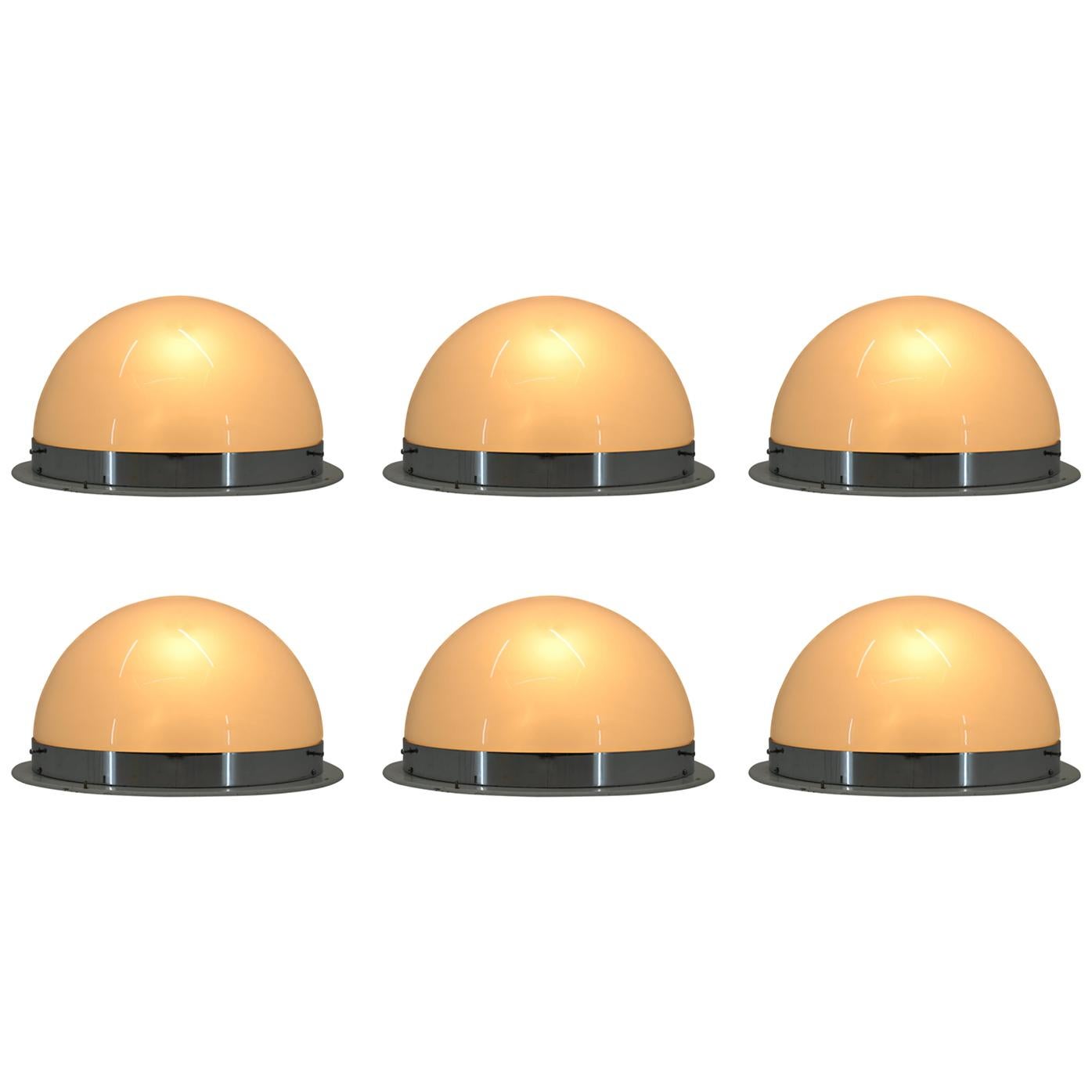 Unique Set of Six Big Bauhaus Chrome Ceiling Lamps / Flush Mounts, 1940s