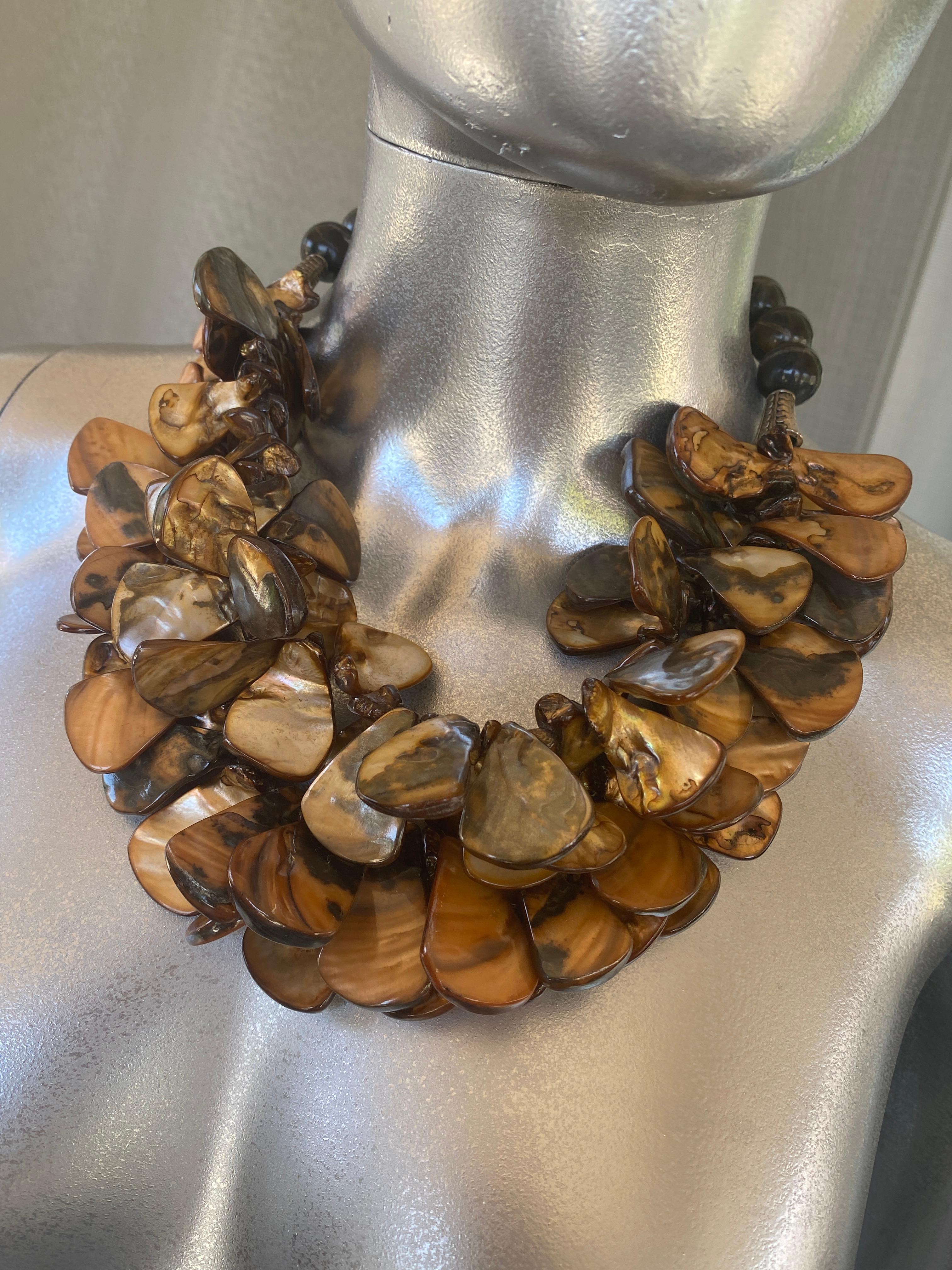 Unique Shades of Brown MOP Statement Necklace from Palm Springs Socialite Estate For Sale 10