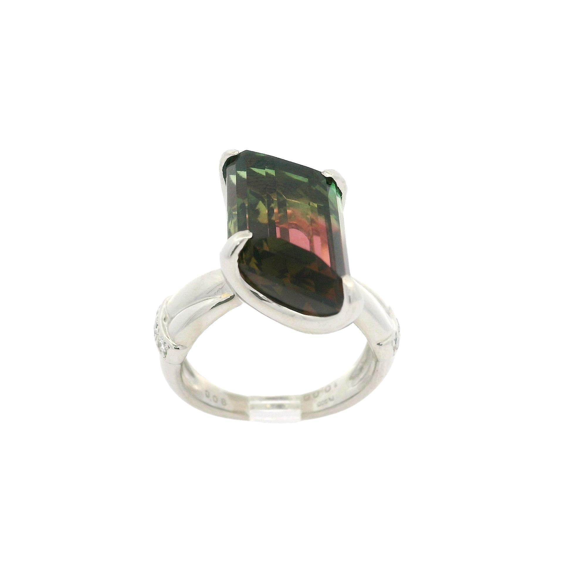 -Pierre(s)
(1) Tourmaline Pastèque Naturelle Véritable - Taille Unique - Serti - Couleur Vert à Orange Violacé - 12.6x9.5mm (approx.) - 10ct (exact)
(6) Diamants véritables naturels - taille ronde brillante - sertis - belle couleur blanche - 0.08ctw