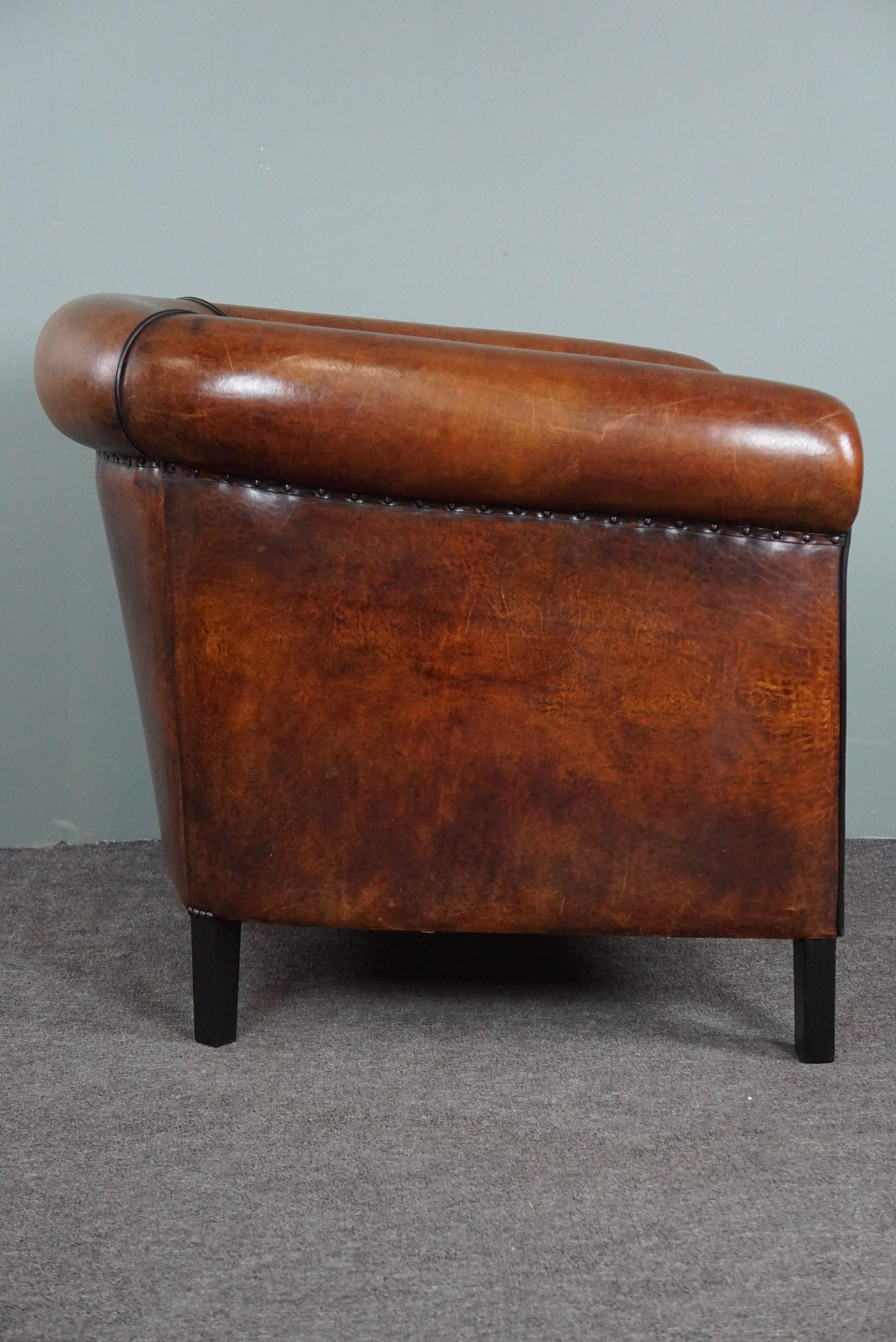 Unique sheep leather club chair with black piping and decorative nails In Good Condition For Sale In Harderwijk, NL
