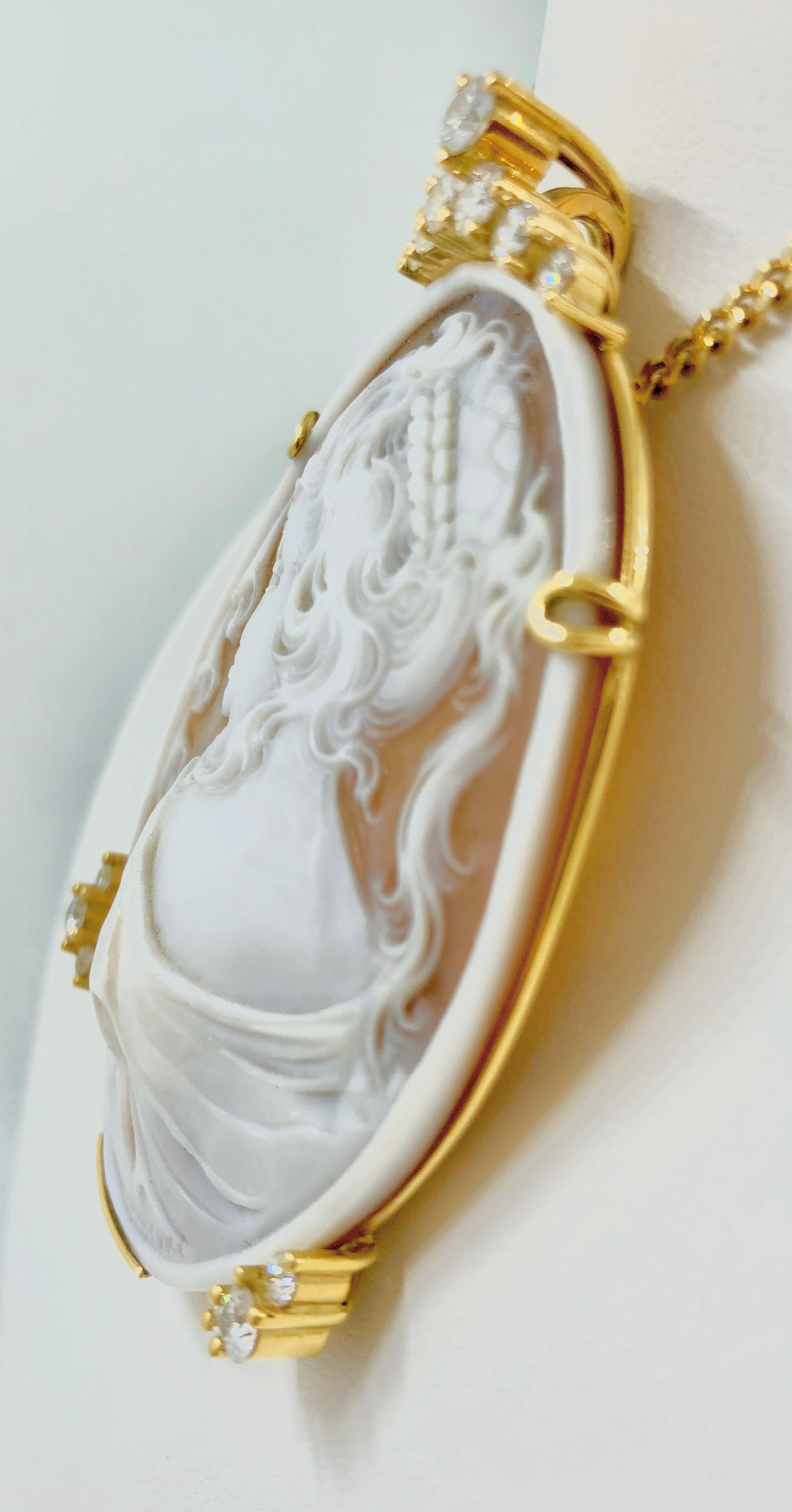 Art Nouveau Unique Shell Cameo Diamonds Pendant For Sale