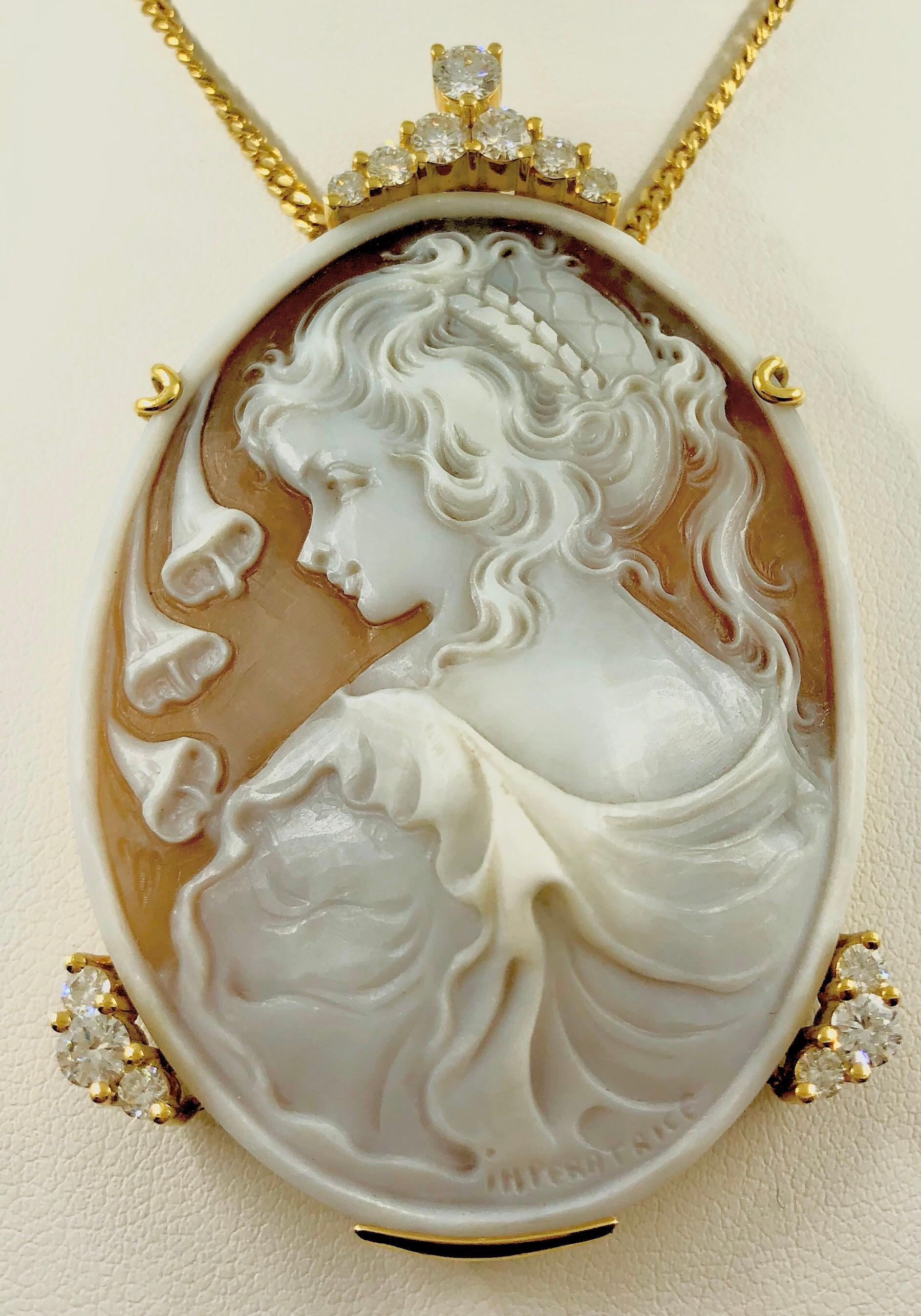 Unique Shell Cameo Diamonds Pendant For Sale 1