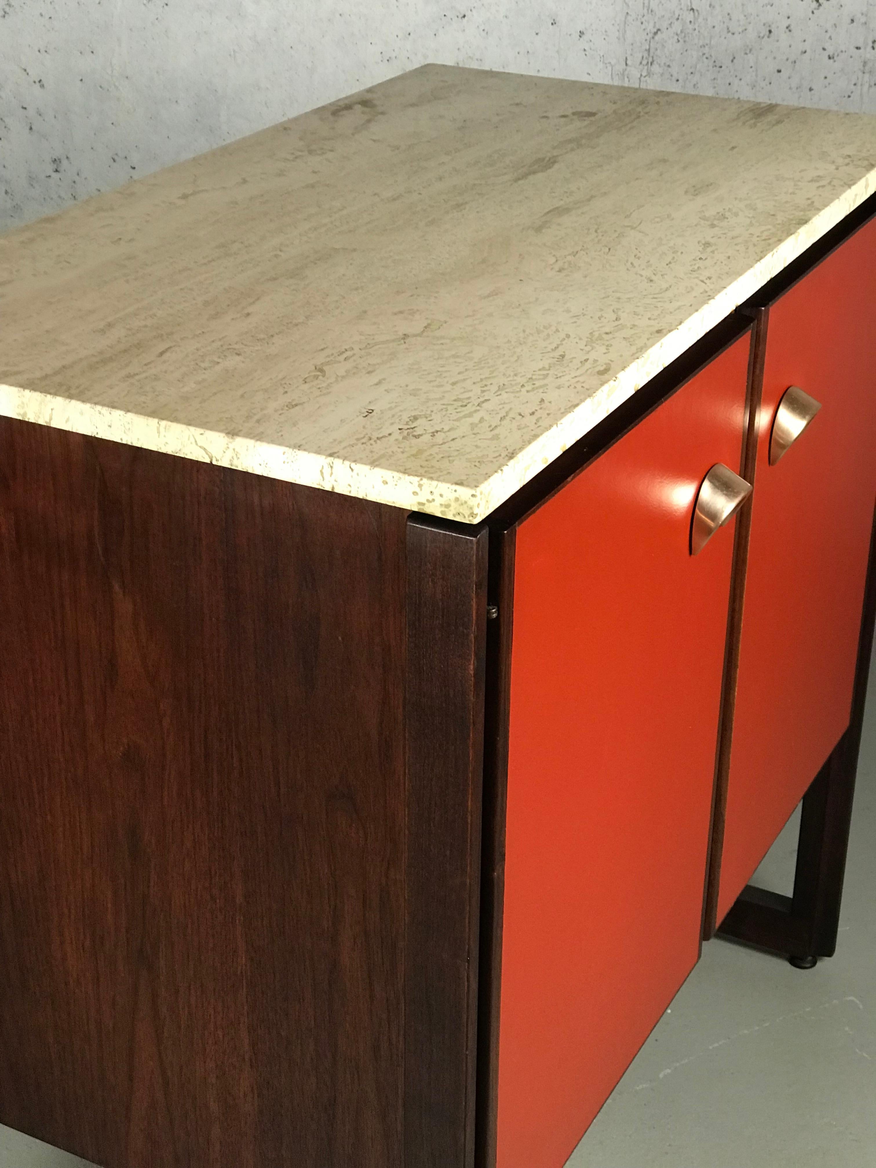 Mid-Century Modern Striking Sideboard by Jens Risom in Rosewood Walnut and Travertine Marble