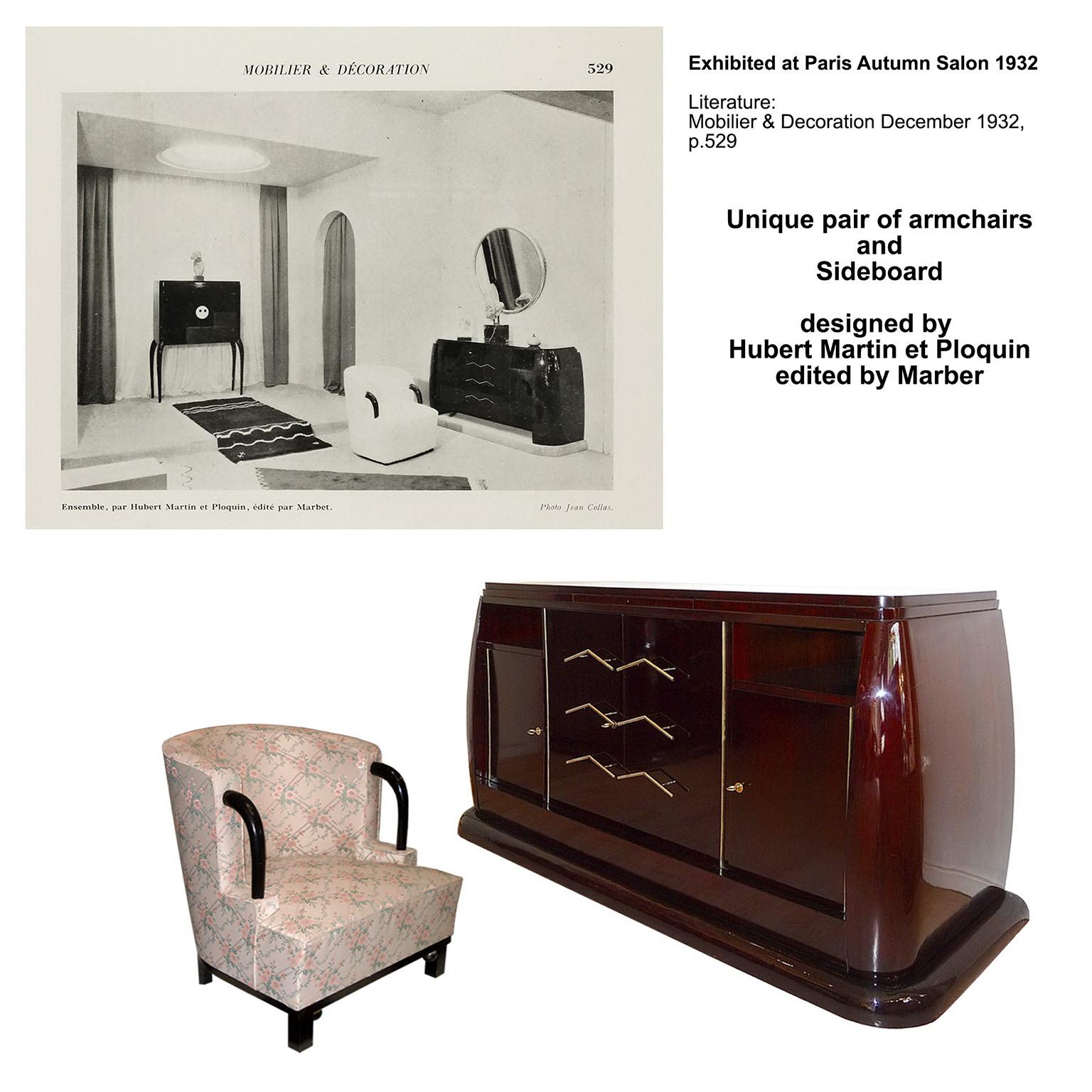 An exquisite sideboard by Hubert Martin et Ploquin, part of a complete dining room. Made of solid, very heavy wood, veneered in mahogany, beautiful unusual rounded shape. 
Identical model exhibited at Paris Autumn Salon 1932. Complete dining room
