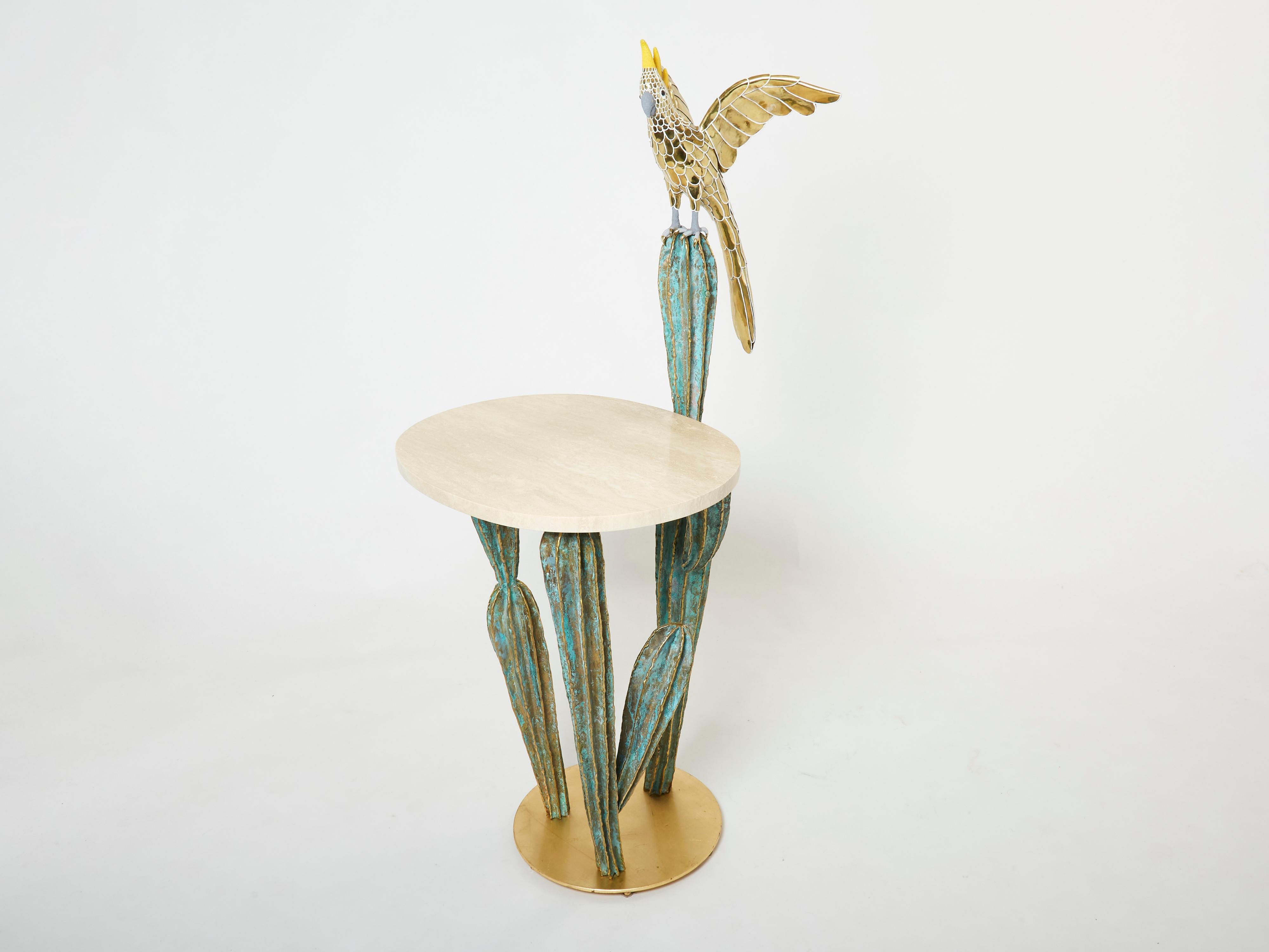 French Unique Signed Alain Chervet Brass Cactus and Parrot Console Table 1989 For Sale