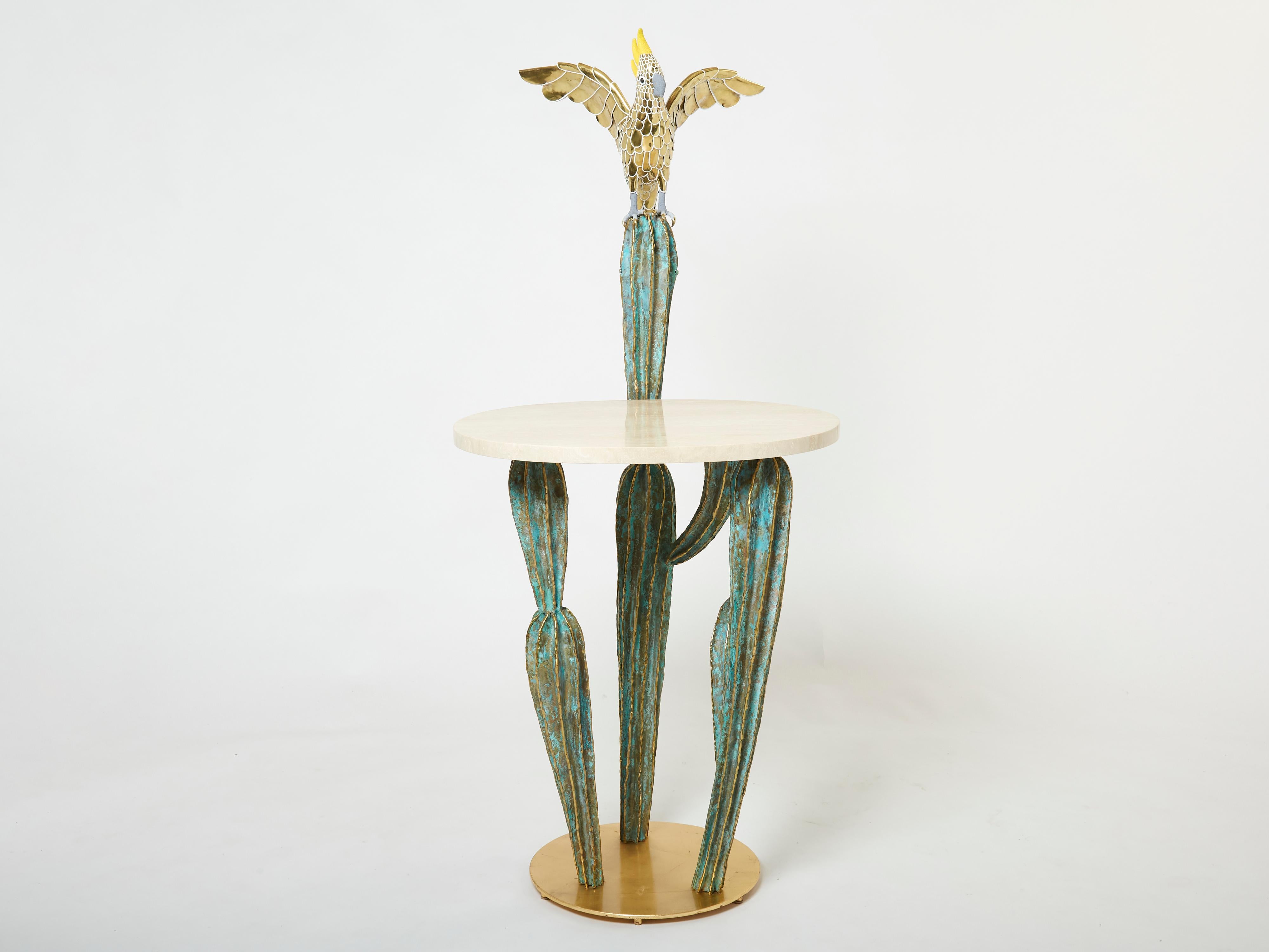 Unique Signed Alain Chervet Brass Cactus and Parrot Console Table 1989 In Good Condition For Sale In Paris, IDF