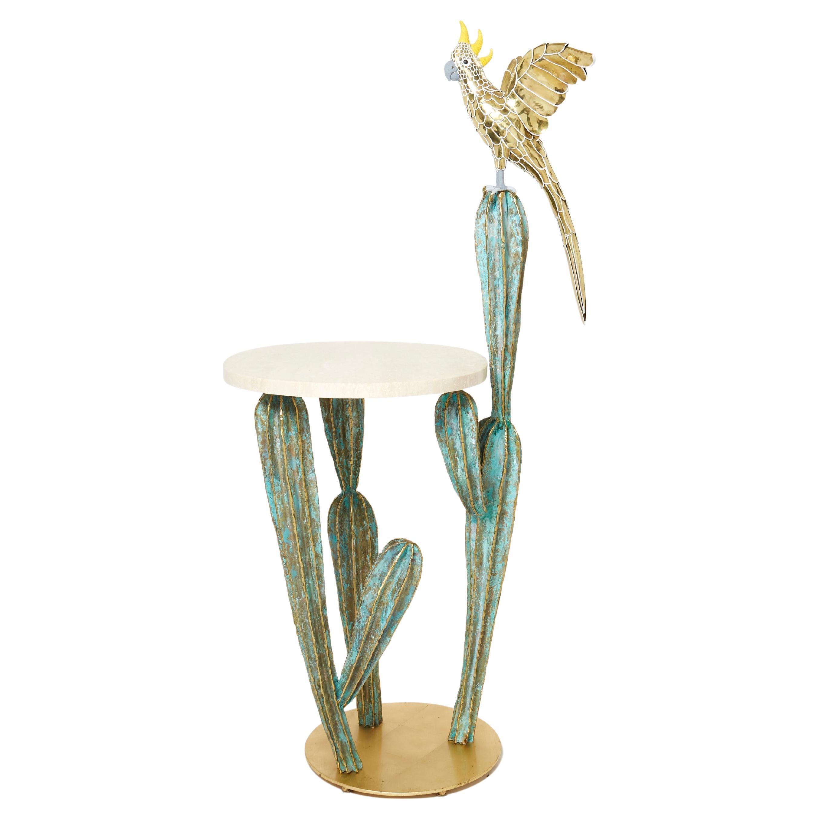 Unique Signed Alain Chervet Brass Cactus and Parrot Console Table 1989