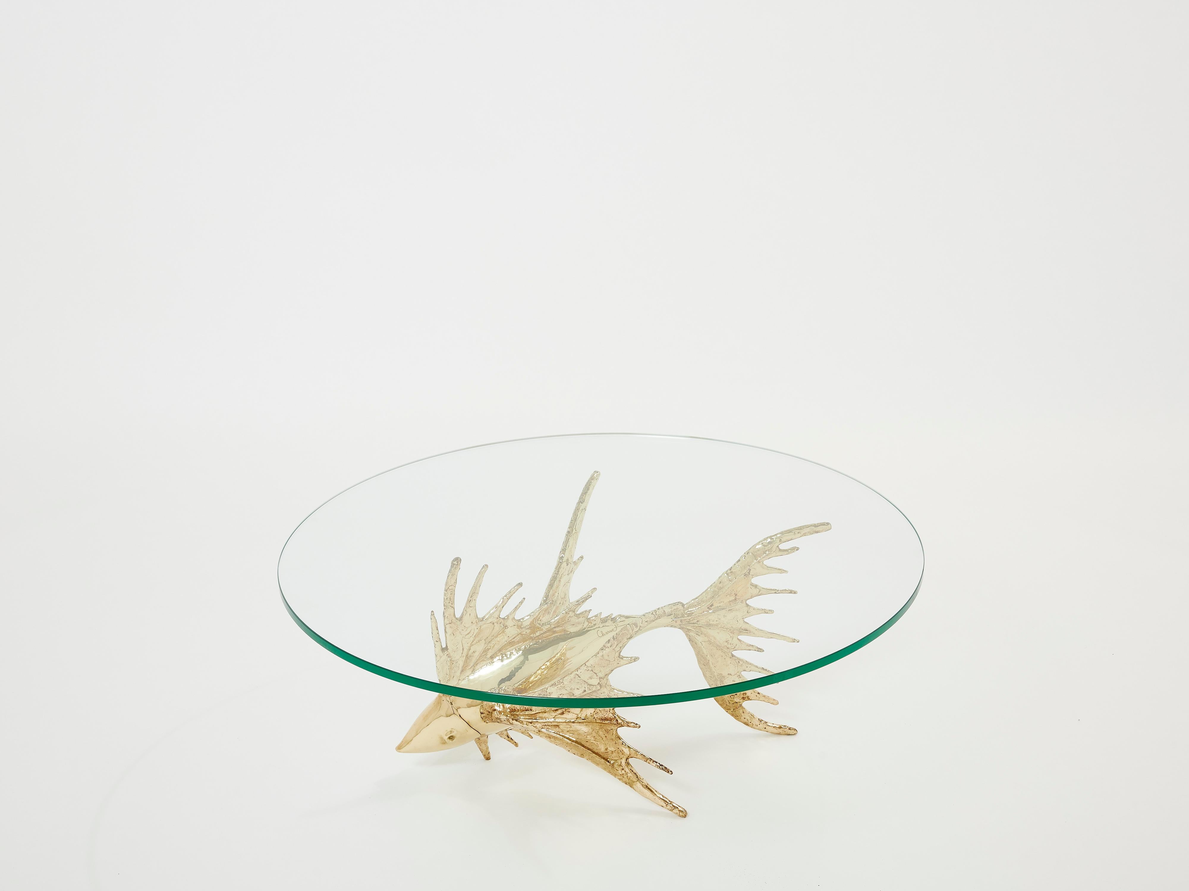 Unique Signed Alain Chervet Brass Fish Sculpture Coffee Table 1977 For Sale 4