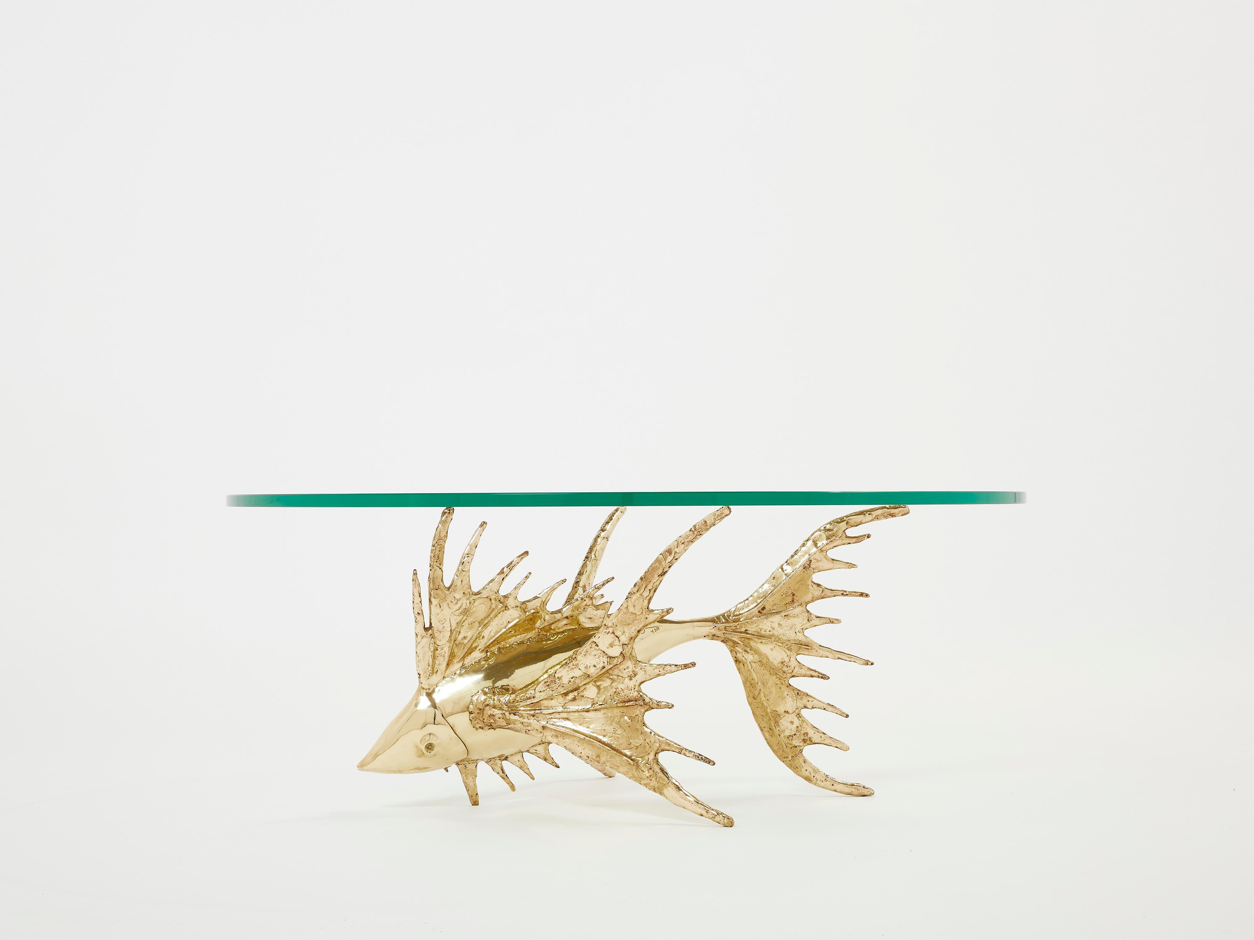 Unique Signed Alain Chervet Brass Fish Sculpture Coffee Table 1977 For Sale 5