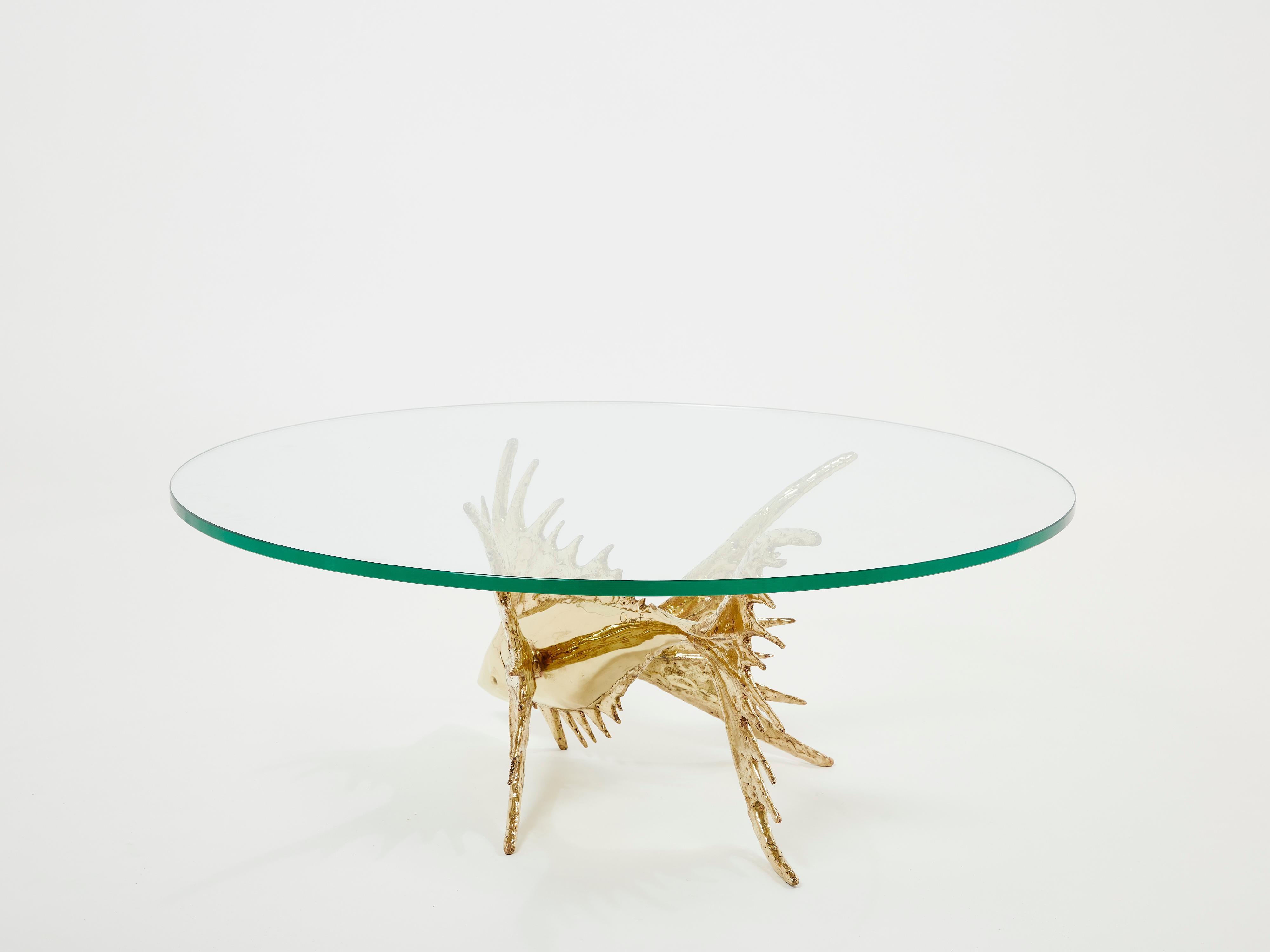 Unique Signed Alain Chervet Brass Fish Sculpture Coffee Table 1977 For Sale 1