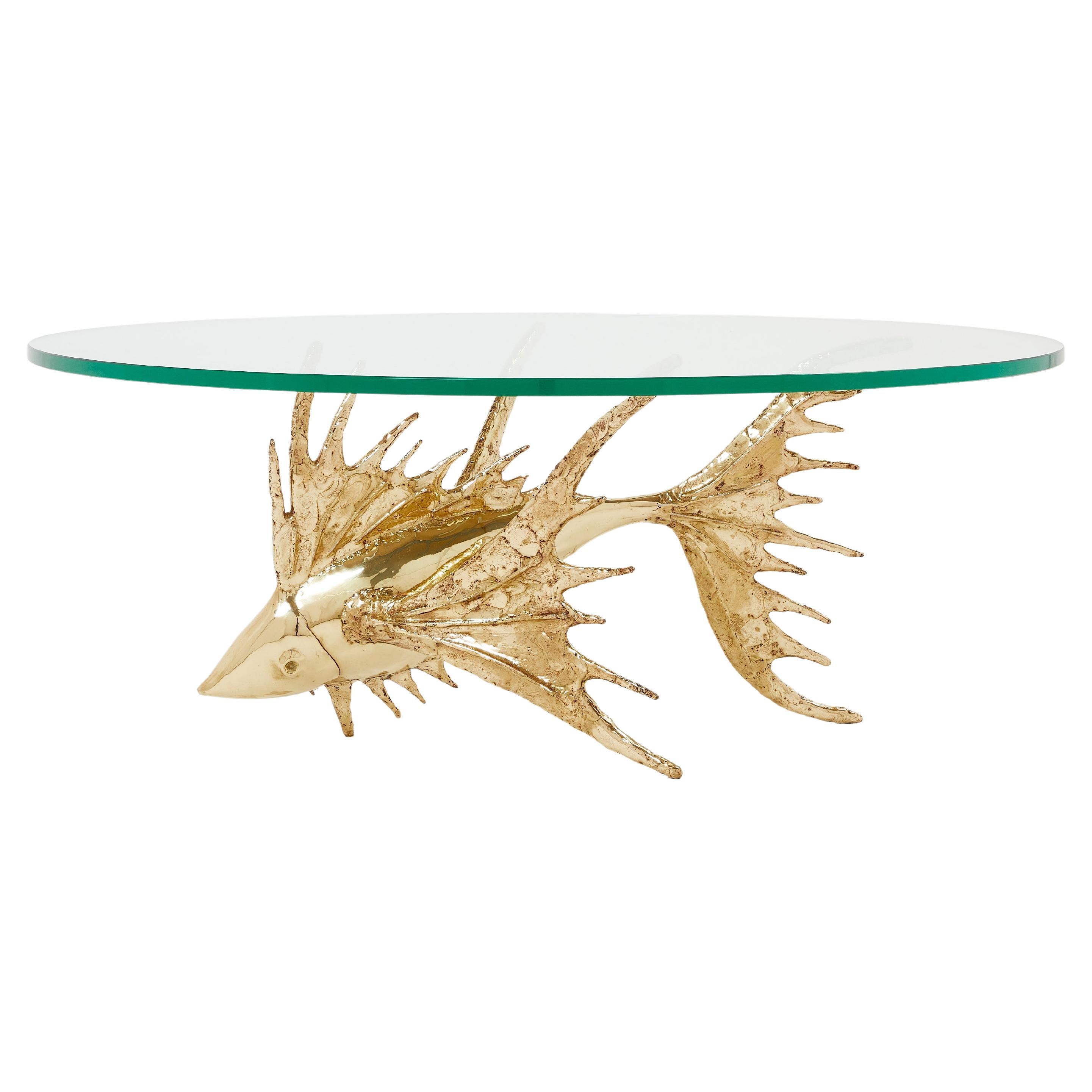 Unique Signed Alain Chervet Brass Fish Sculpture Coffee Table 1977