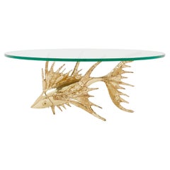 Vintage Unique Signed Alain Chervet Brass Fish Sculpture Coffee Table 1977