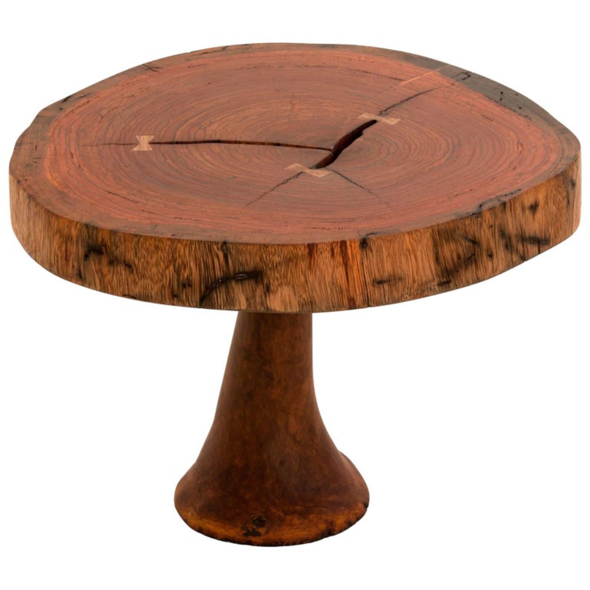 Unique signed table by Jörg Pietschmann
Table · Ebiara / Australian grass tree, T1104
Measures: H 43 x W 58 x D 55 cm tabletop 7 cm
Red coloured wood with three butterfly inlays, fixed on a leg of Australian grass tree.
Polished oil