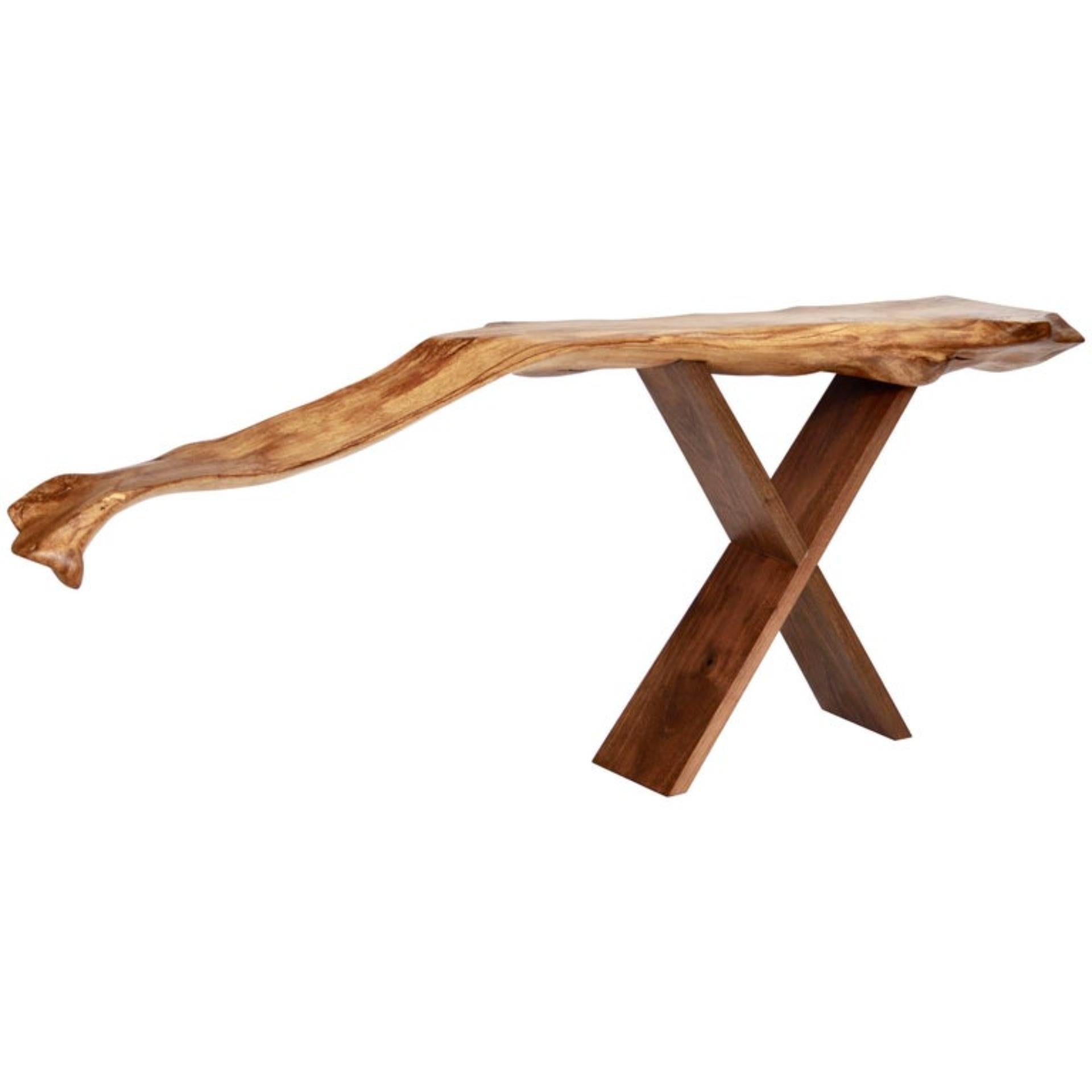 Unique signed console by Jörg Pietschmann
Console · Beech root, walnut 
H 75 X W 194 x D 34 cm
Curved piece of beech root on scissors stand of European walnut.
Polished oil finish.


In Pietschmann’s sculptures, trees that for centuries were