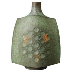 Vintage Unique Signed Japanese Bronze Vase with Gold Leaf by Ohaka Mitsuru, Showa Period