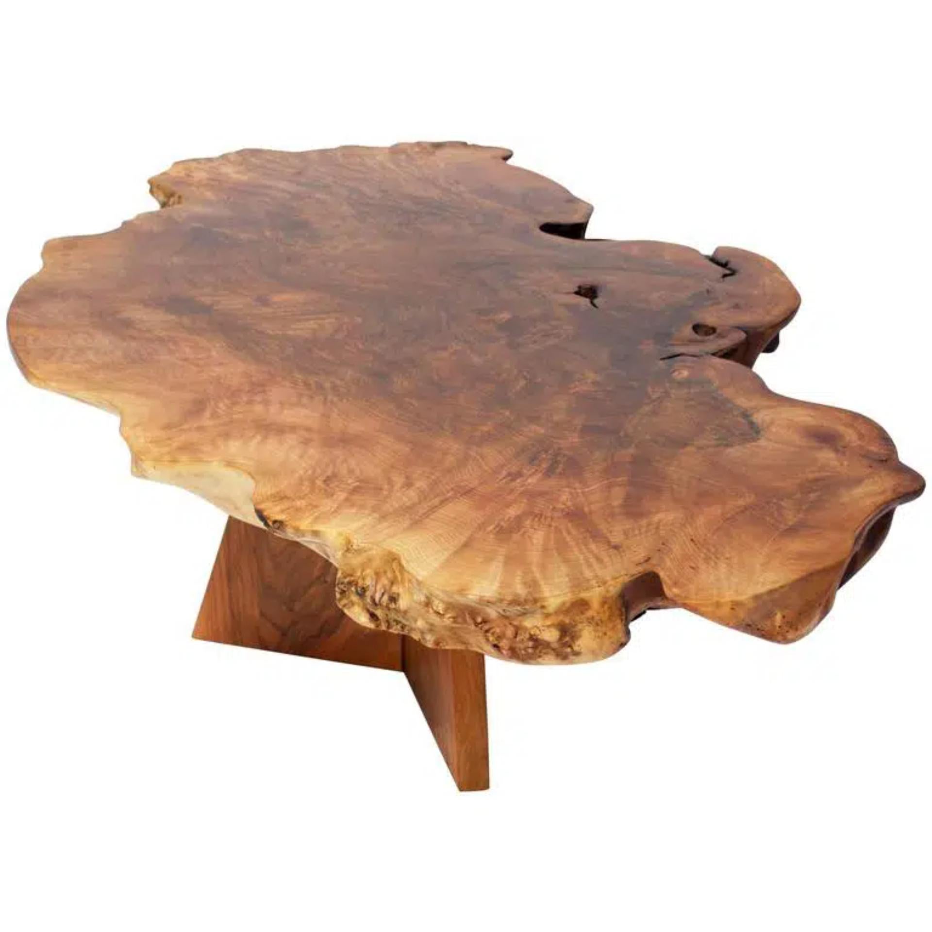 Unique signed table by Jörg Pietschmann
Table Caucasian walnut burl, American black walnut
measures: H 38 x W 121 x D 78 cm, tabletop 7 cm
Radiant grained wood with natural edge on a tripod stand of European walnut.
Polished oil finish.

In