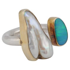 Unique Silver Ring with Opal, Keshi Pearl and Gold Accents