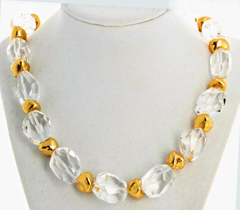 Mixed Cut AJD Brilliant Elegant Romantic Silvery White Quartz & Gold Nugget Necklace For Sale