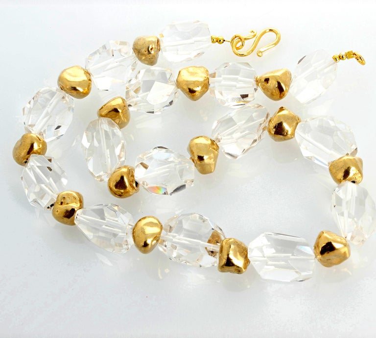 Women's or Men's AJD Brilliant Elegant Romantic Silvery White Quartz & Gold Nugget Necklace For Sale