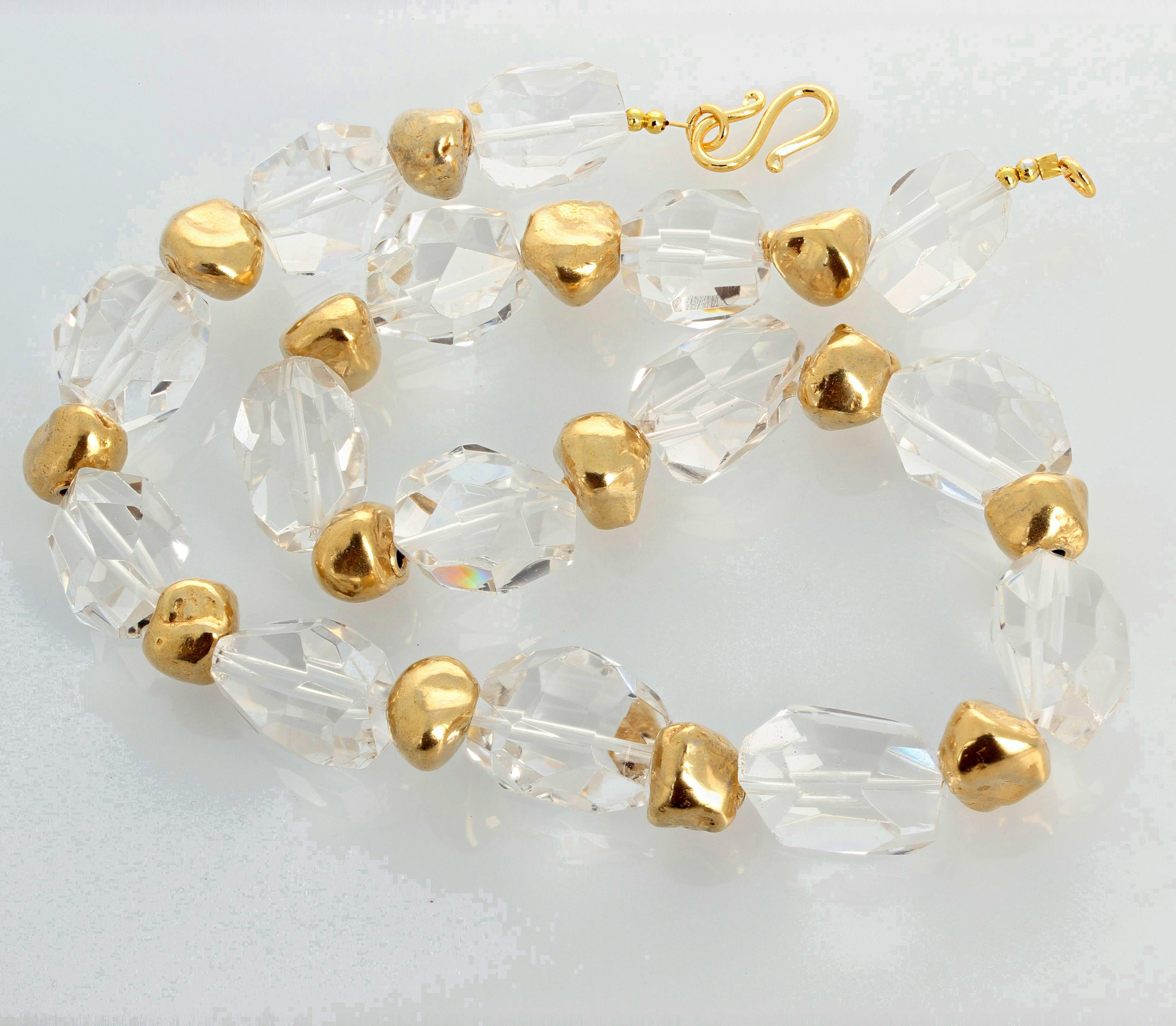 AJD Brilliant Elegant Romantic Silvery White Quartz & Gold Nugget Necklace For Sale 3